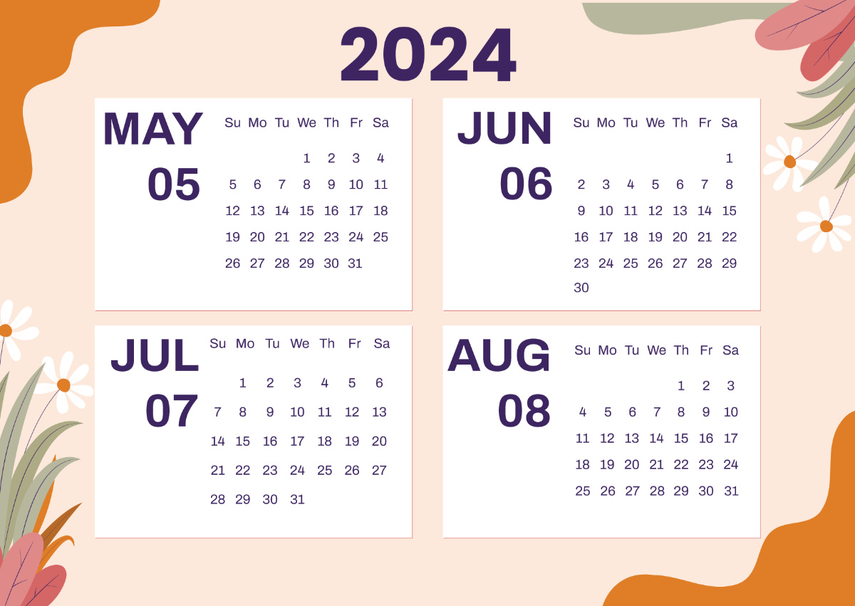 May To August 2024 Calendar Template - Edit Online &amp;amp; Download for May June July August 2024 Calendar