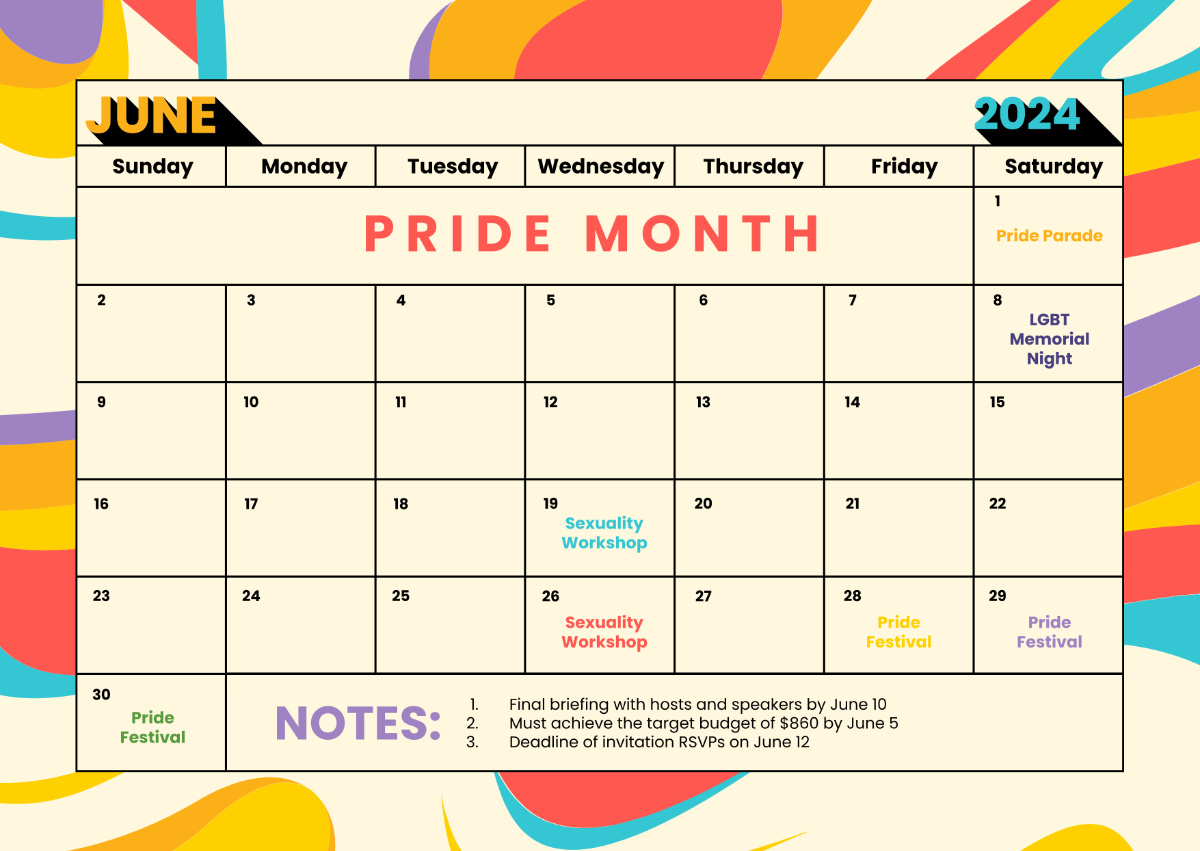 Pride Month Calendar Template - Edit Online &amp;amp; Download Example in June 2024 Pride Month Calendar