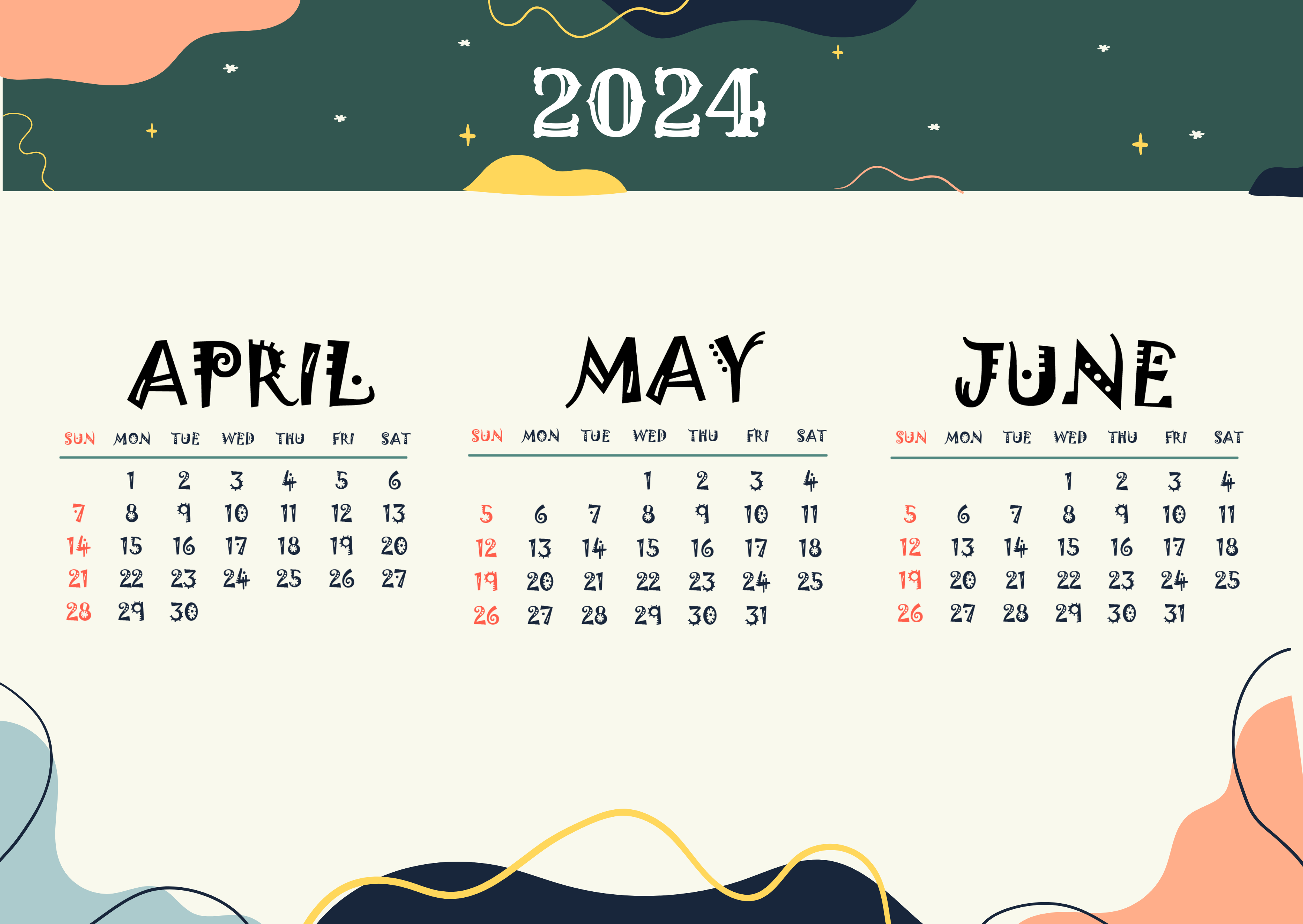 Printable April May June 2024 Calendar Template - Edit Online intended for 2024 April May June Calendar