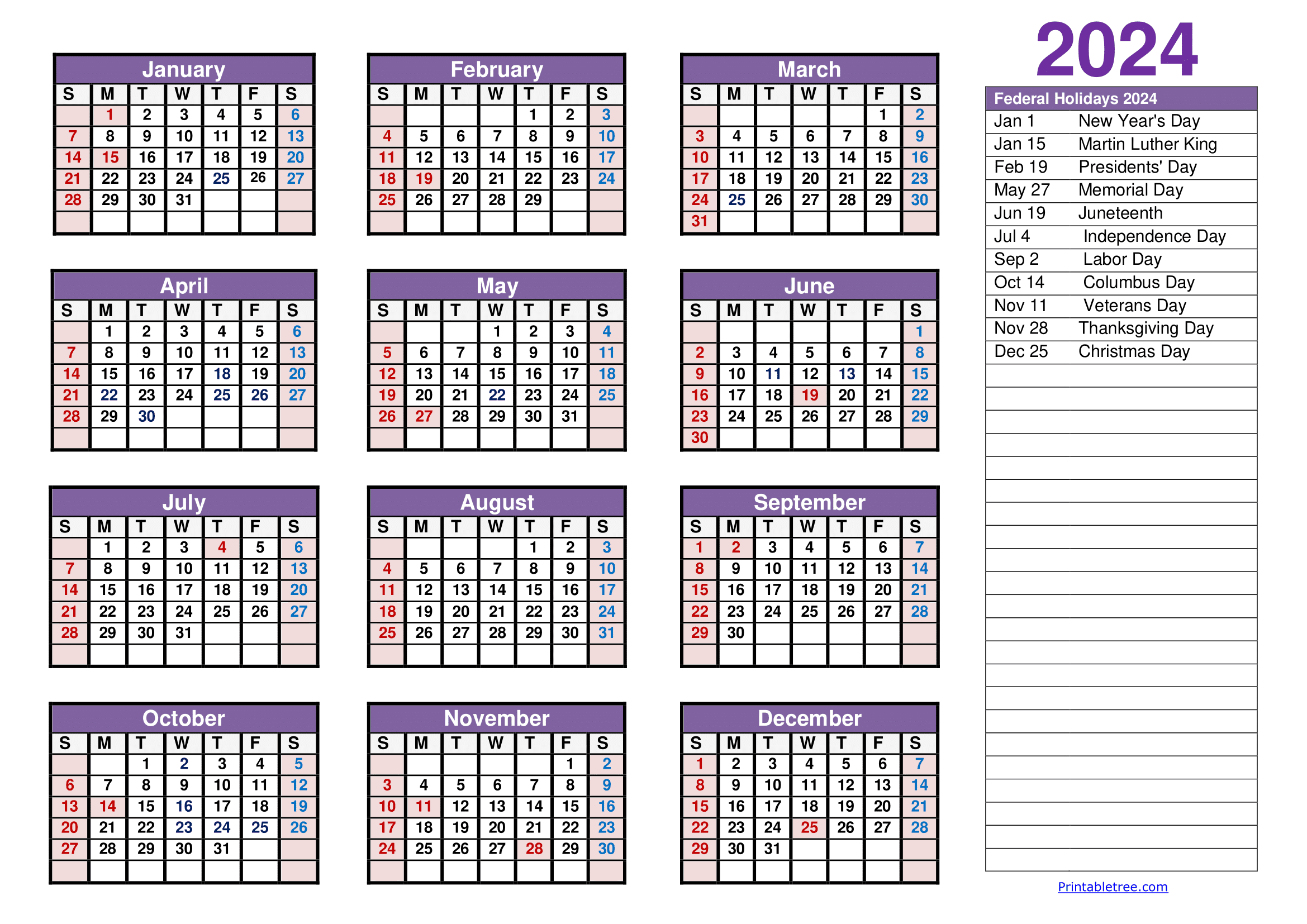 Printable Calendar 2024 One Page With Holidays (Single Page) 2024 in Julian Calendar 2024 With Holidays