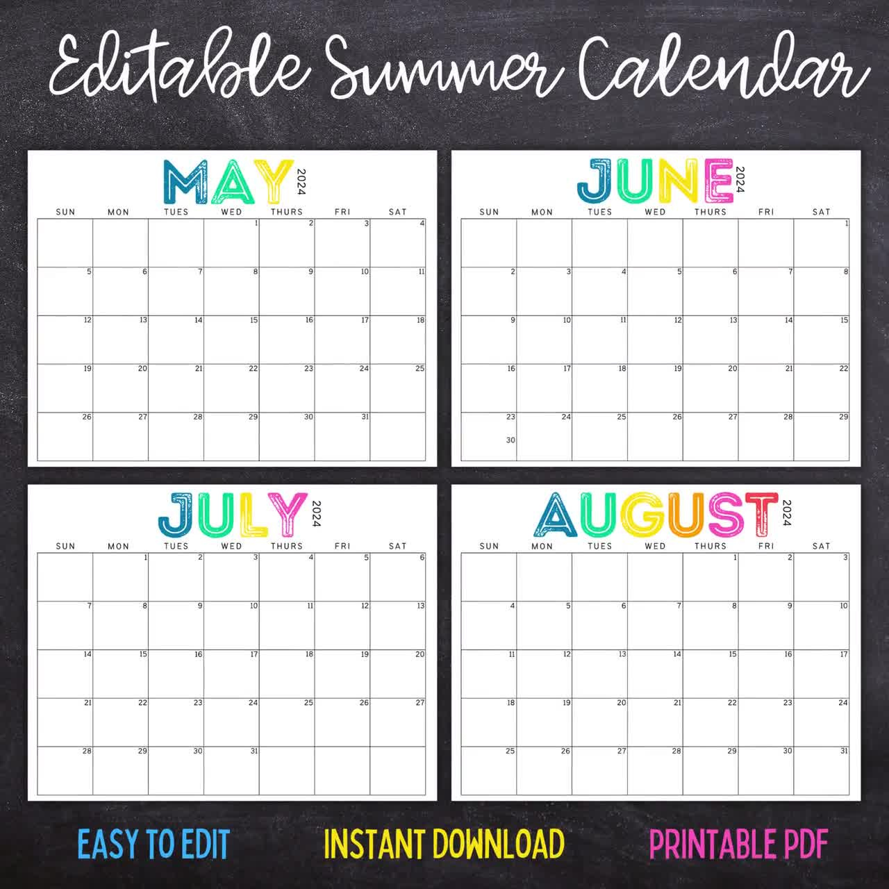 Printable Editable Summer Calendar June, July, August Calendar | June 2023 | July 2023 | August 2023 | Summer Planner for Editable Calendar August 2023-June 2024
