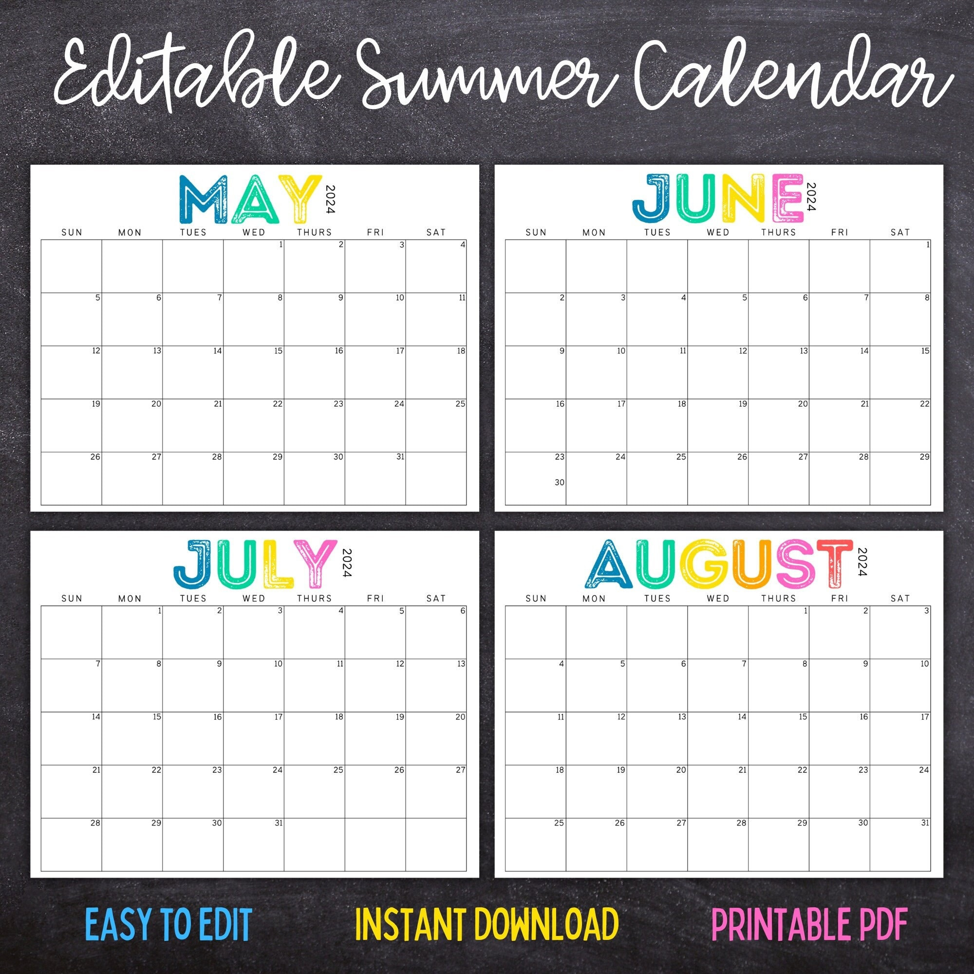 Printable Editable Summer Calendar June, July, August Calendar | June 2024 | July 2024 | August 2024 | Summer Planner pertaining to June July August 2024 Calendar Editable
