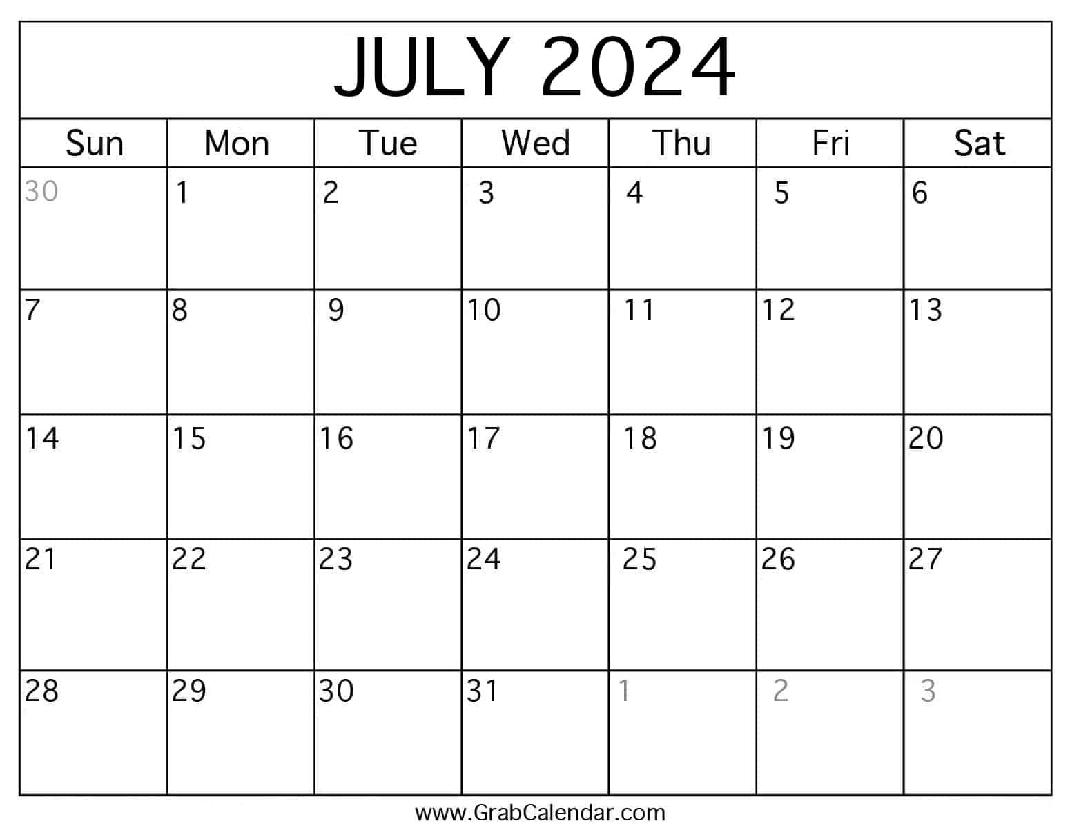 Printable July 2024 Calendar for 2024 Calender July