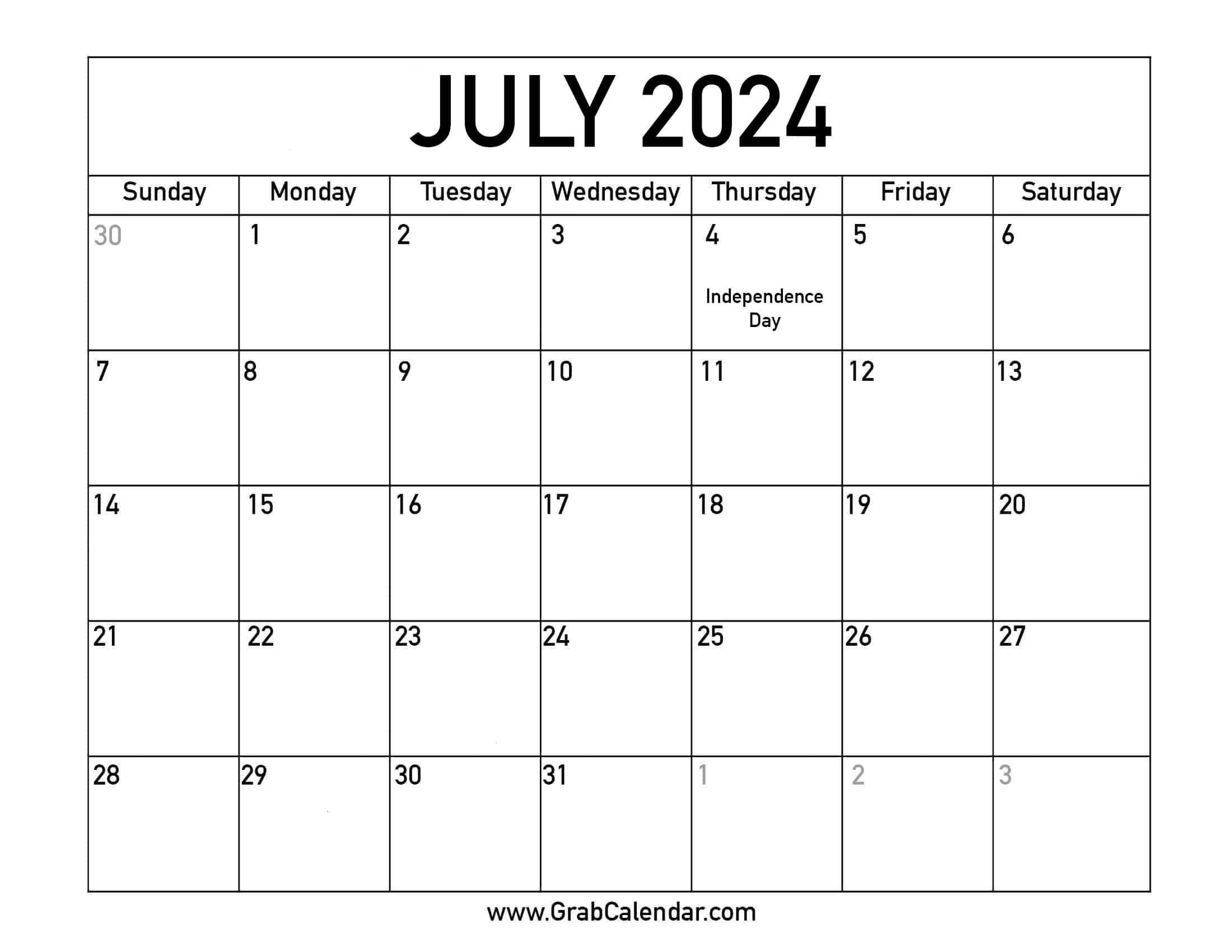 Printable July 2024 Calendar for July 2024 Holiday Calendar