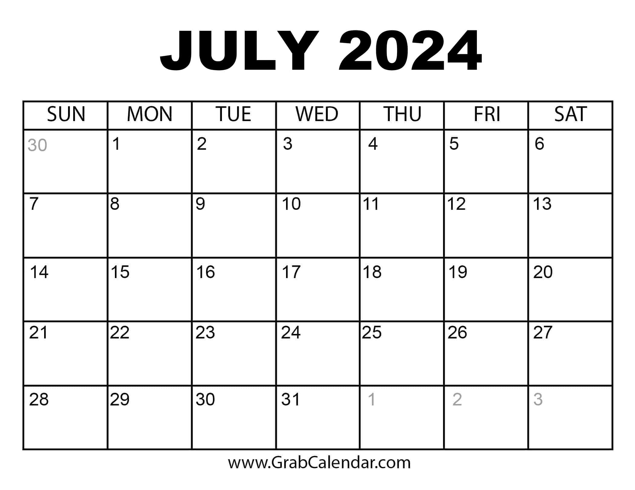 Printable July 2024 Calendar in July Calender 2024