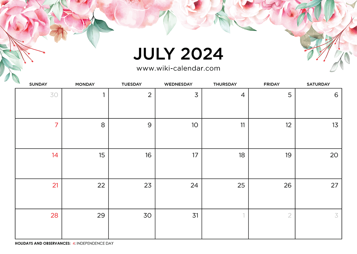 Printable July 2024 Calendar Templates With Holidays with regard to July 2024 Calendar Wiki