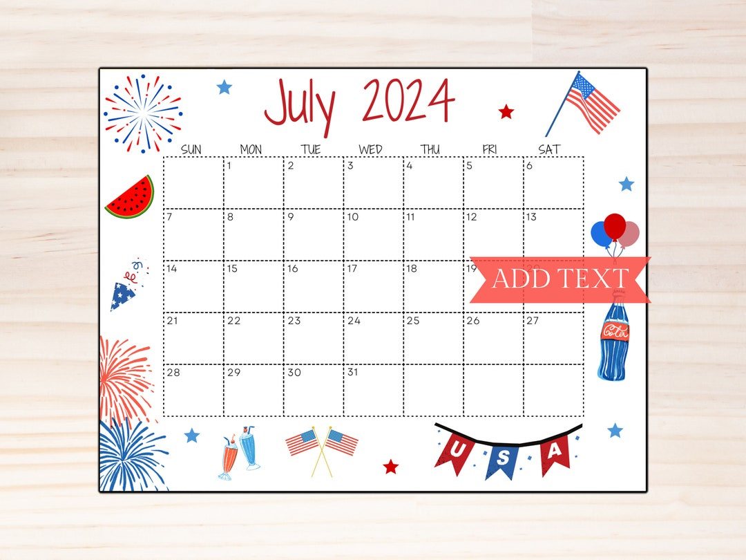 Printable July 2024 Wall Calendar, Editable Classroom Calendar for July 2024 Editable Calendar