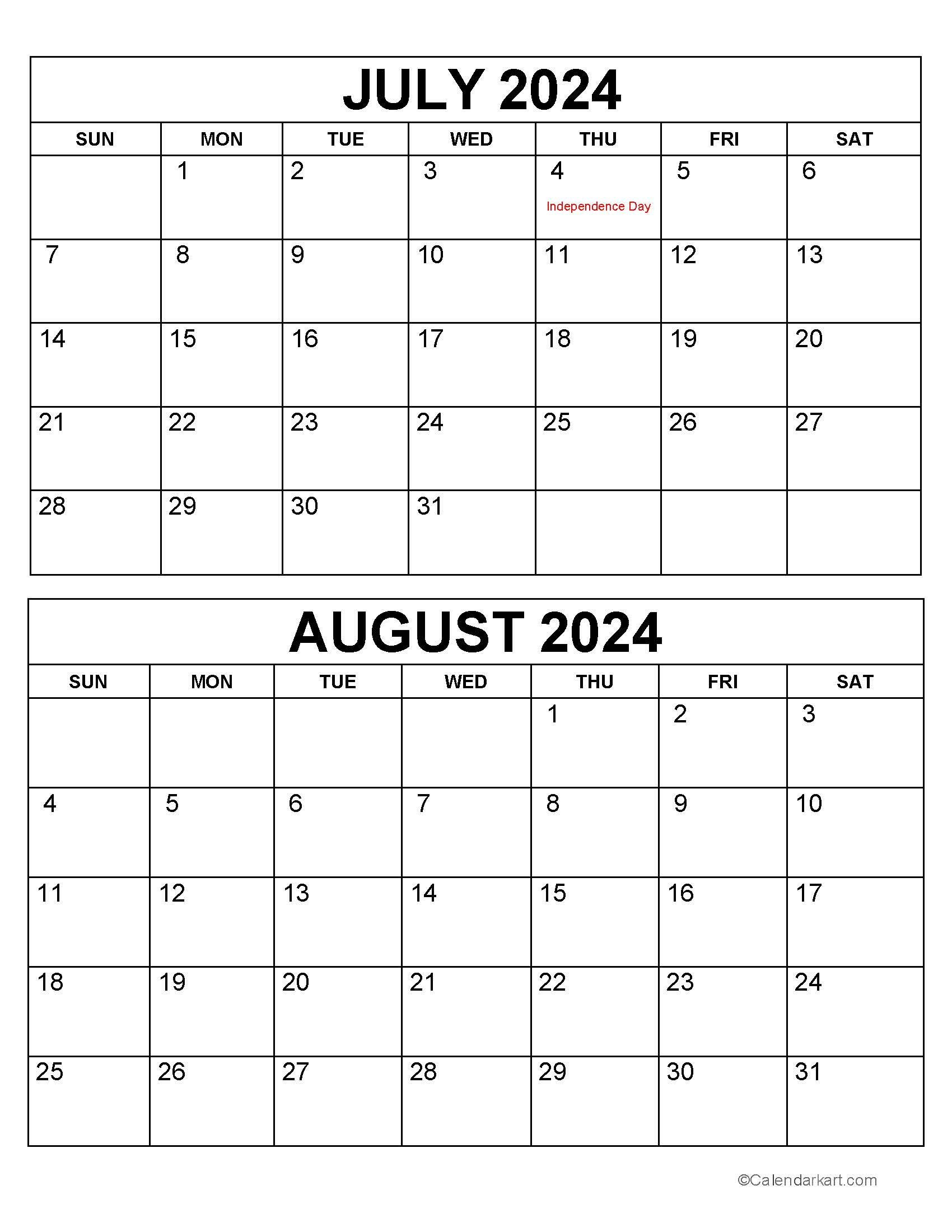 Printable July August 2024 Calendar | Calendarkart in July And August 2024 Calendar