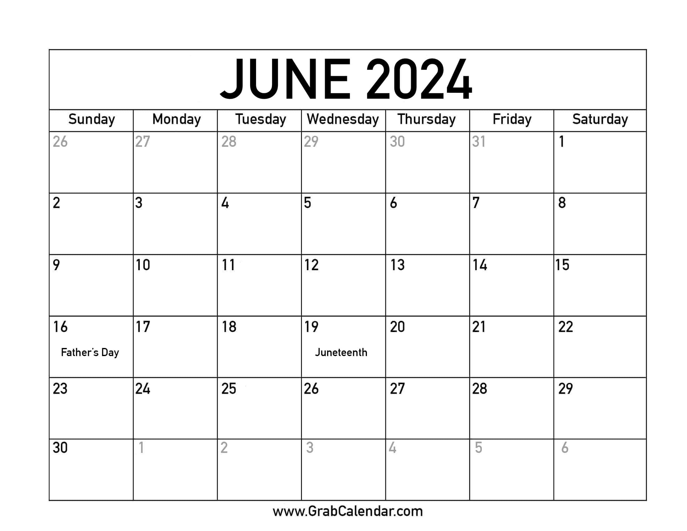 Printable June 2024 Calendar in Print Calendar For June 2024