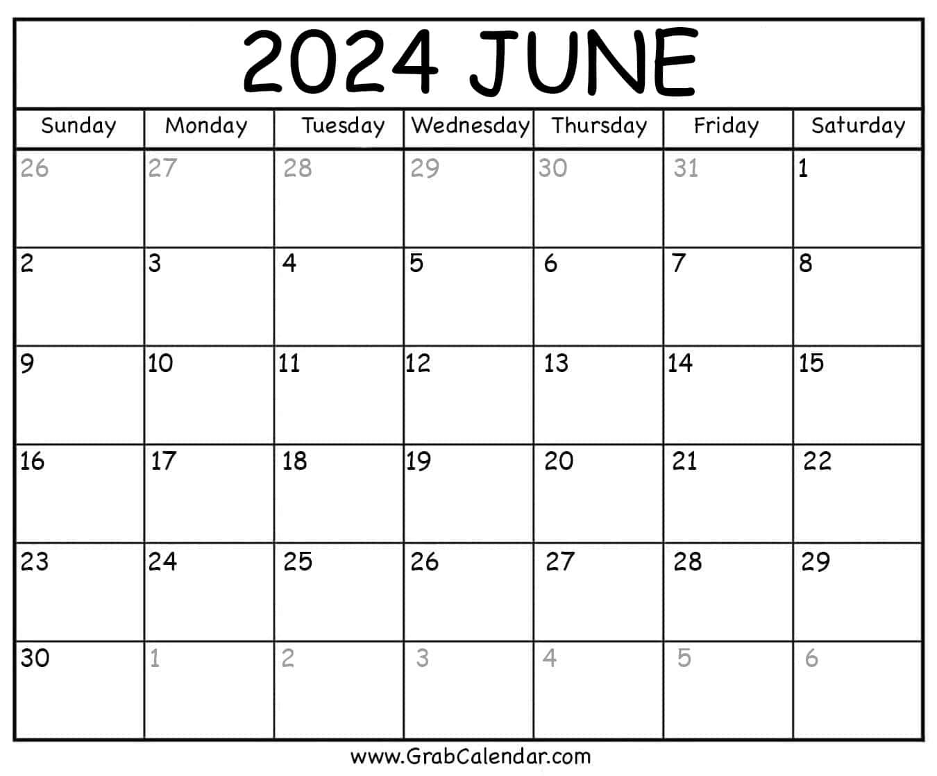 Printable June 2024 Calendar intended for Blank Calendar June 2024