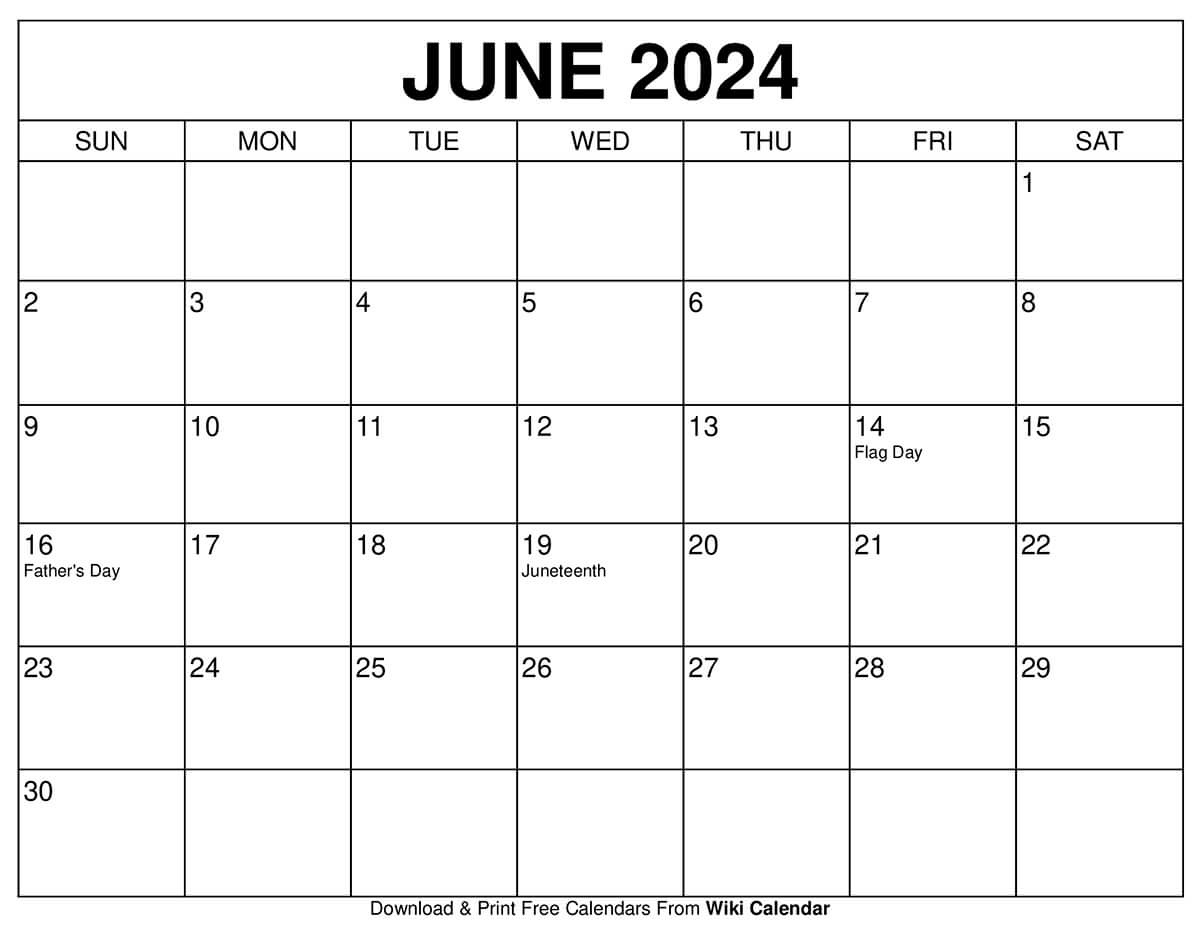 Printable June 2024 Calendar Templates With Holidays in Calendar Template For June 2024