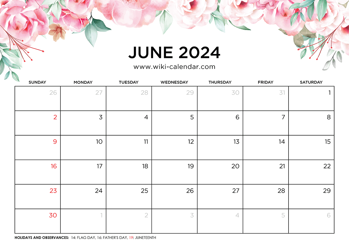 Calendar For June 2024 With Holidays Printable Calendar 2024