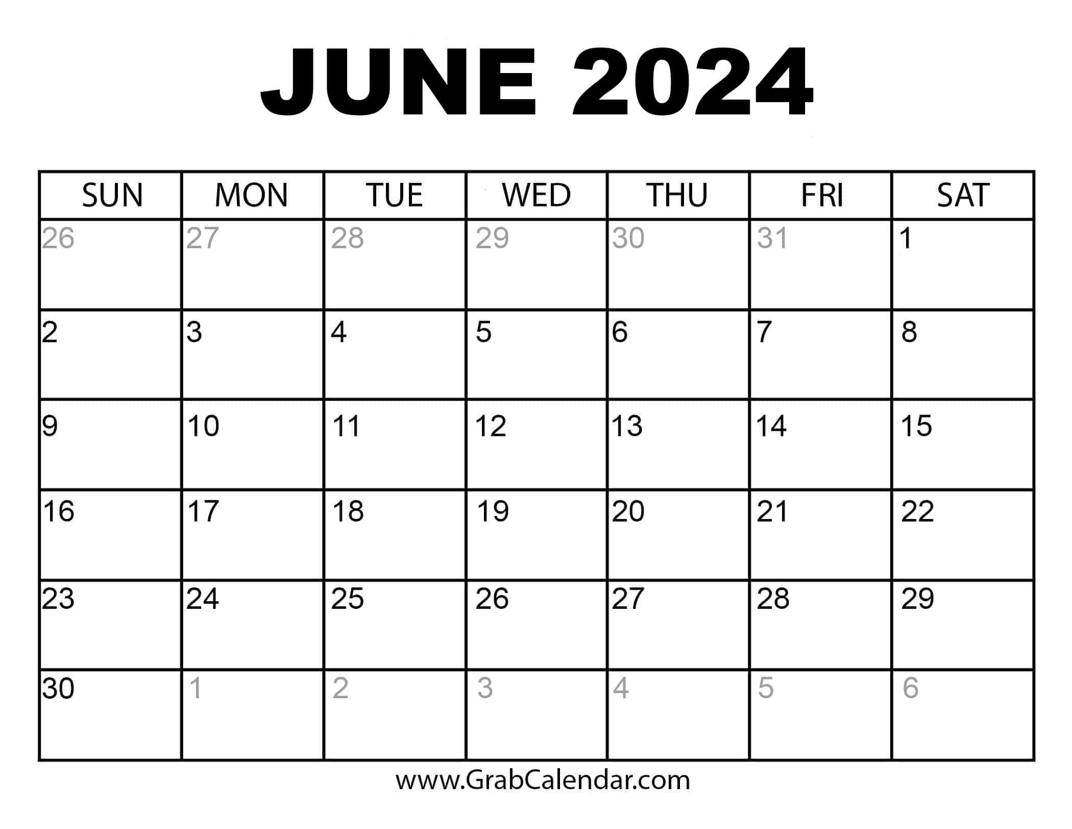 Printable June 2024 Calendar throughout What Number Is June On The Calendar 2024
