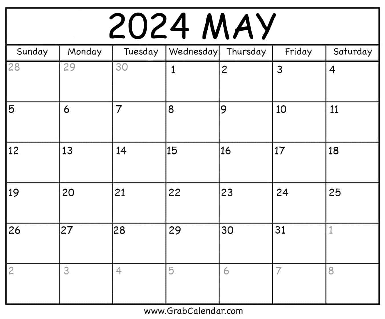 Printable May 2024 Calendar intended for Blank Calendar May And June 2024