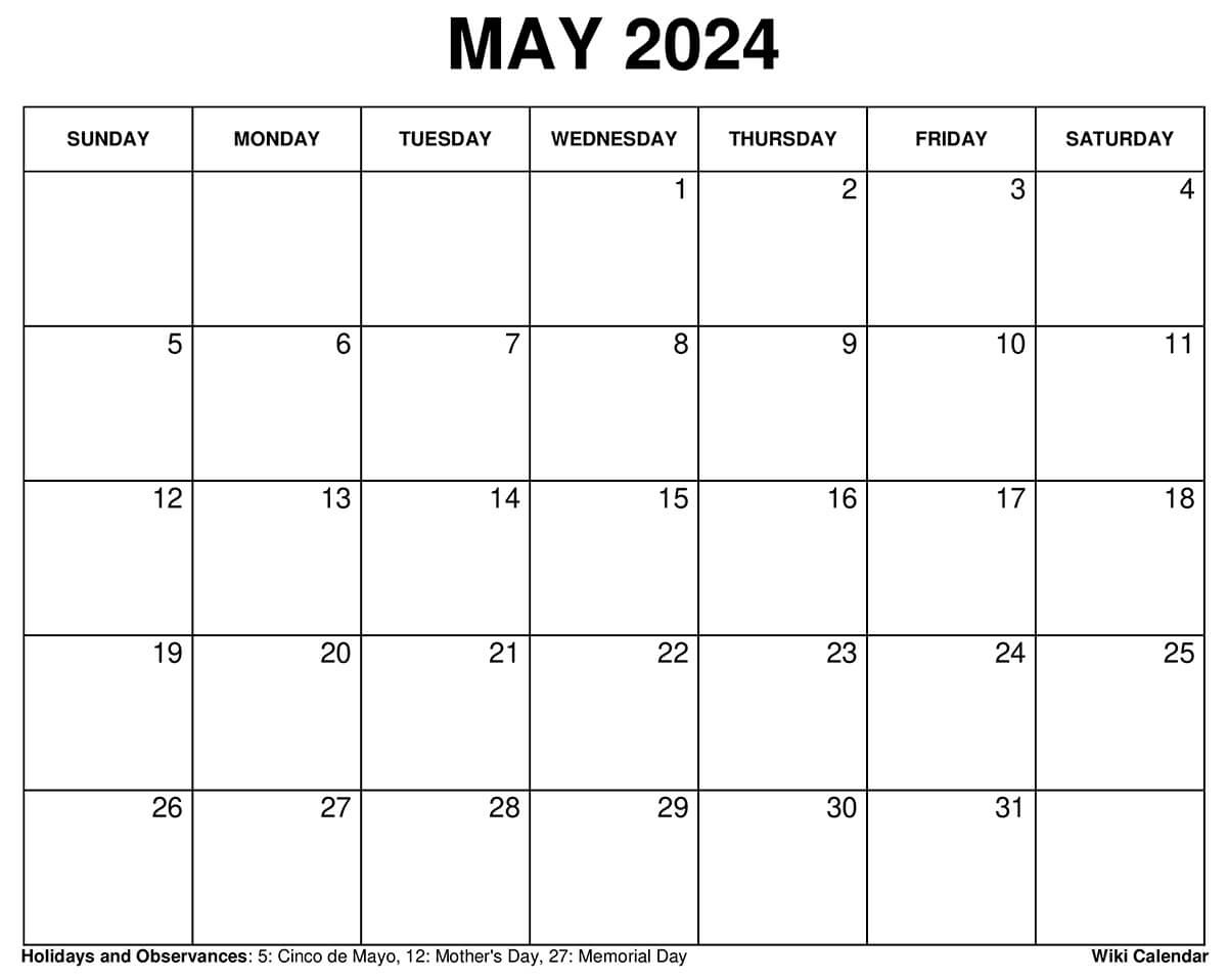 Printable May 2024 Calendar Templates With Holidays in 2024 May And June Calendar