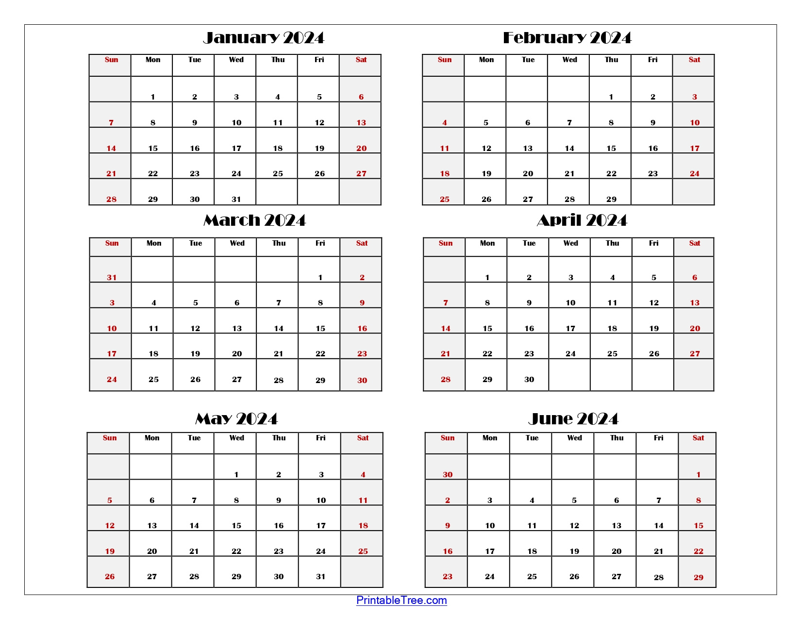 Six Month Calendar 2024 Printable Pdf- 6 Months Calendar Per Page for January 2024 To June 2024 Calendar Printable