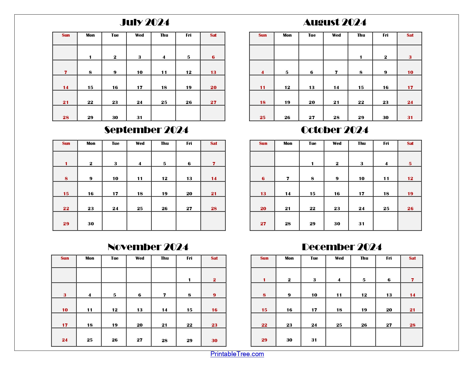 Six Month Calendar 2024 Printable Pdf- 6 Months Calendar Per Page throughout July - December 2024 Calendar