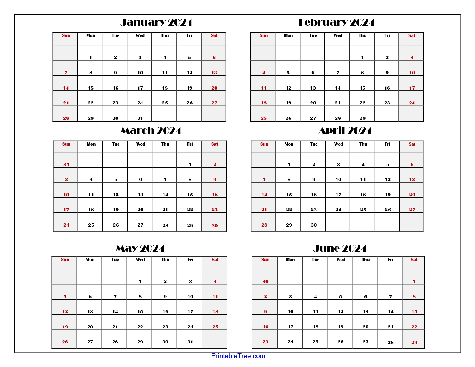 Six Month Calendar 2024 Printable Pdf- 6 Months Calendar Per Page with regard to June To December 2024 Calendar