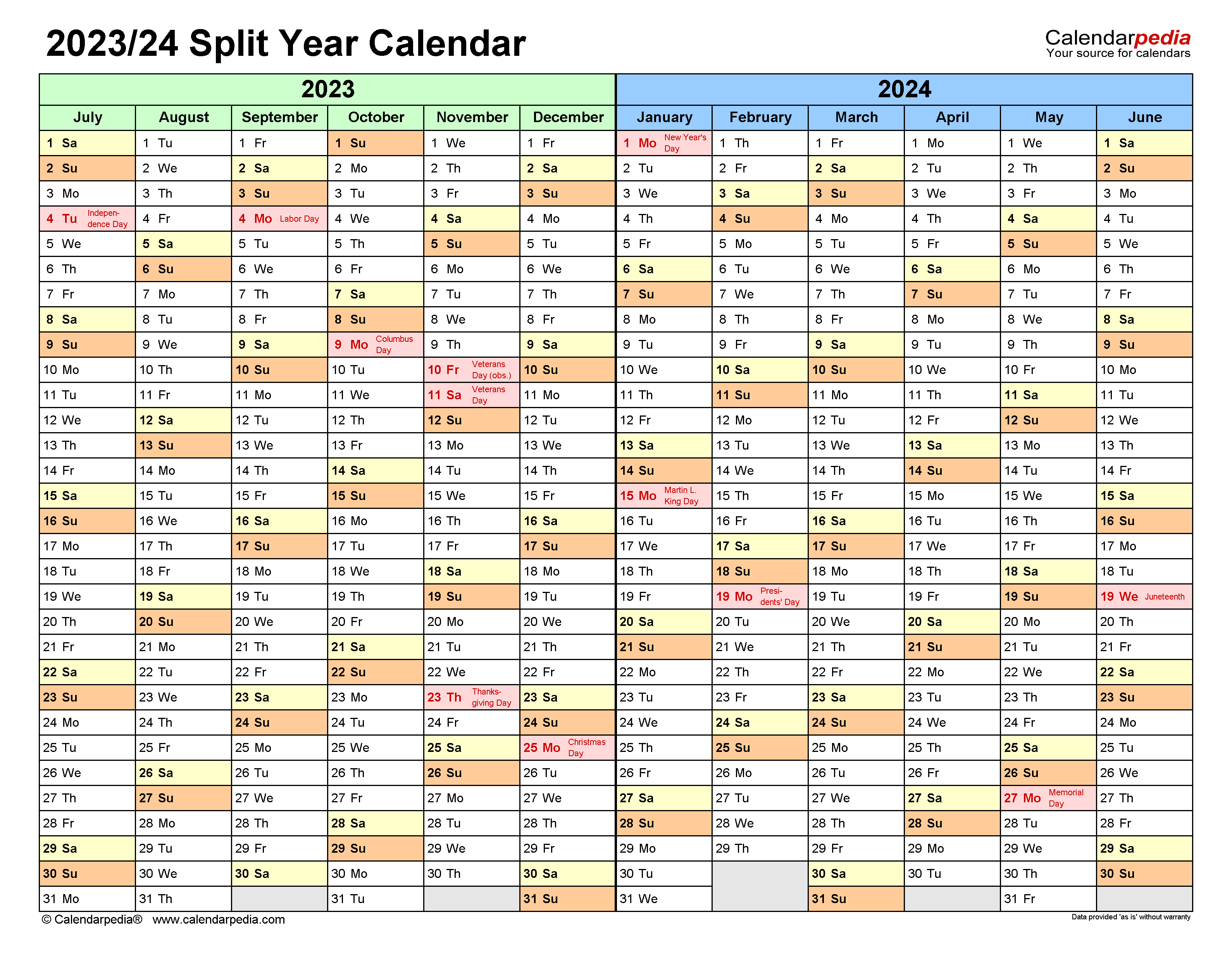 Split Year Calendars 2023/2024 (July To June) - Excel Templates throughout Calendar July 2023 Through June 2024