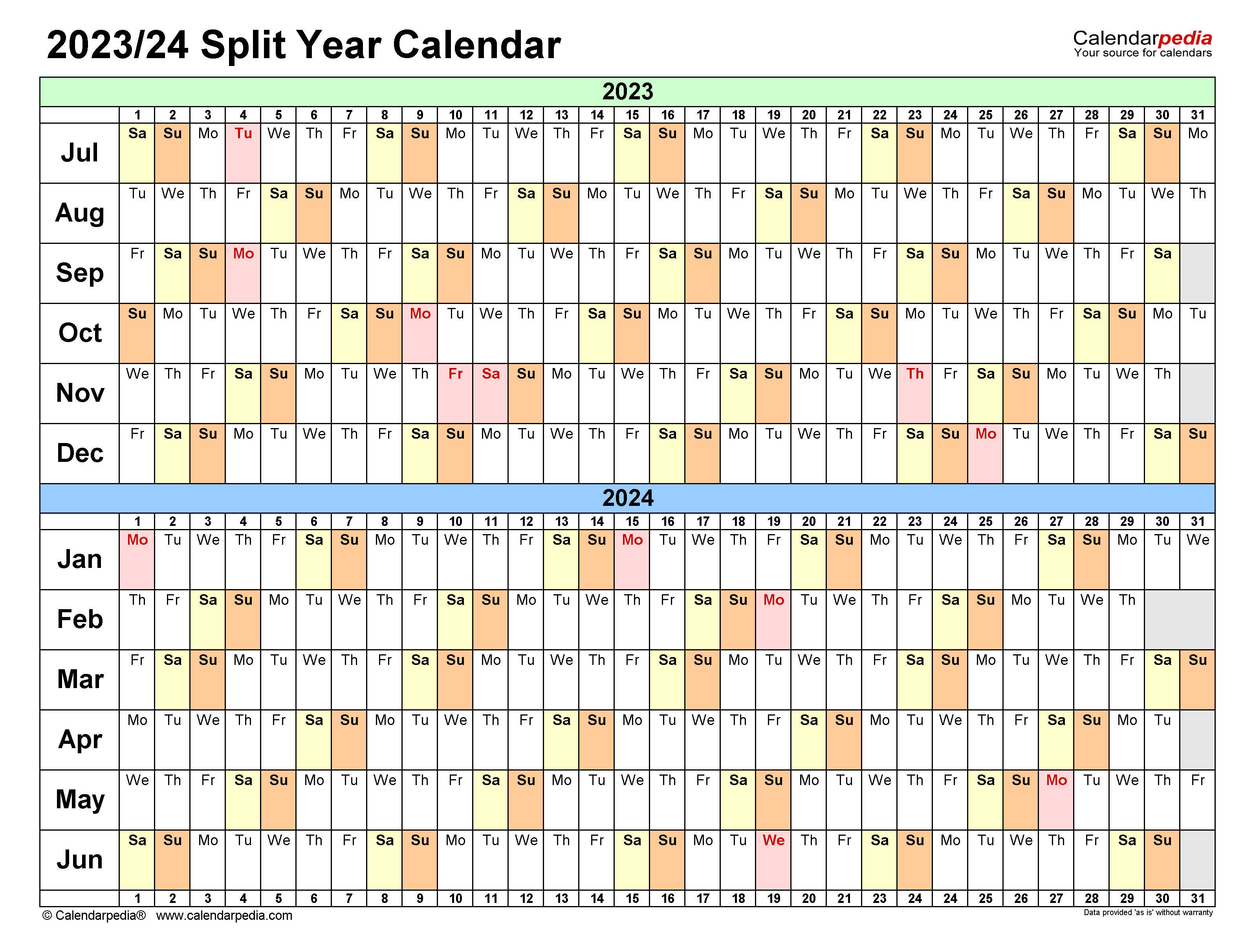 Split Year Calendars 2023/2024 (July To June) - Excel Templates with July 1 2023 To June 30 2024 Calendar