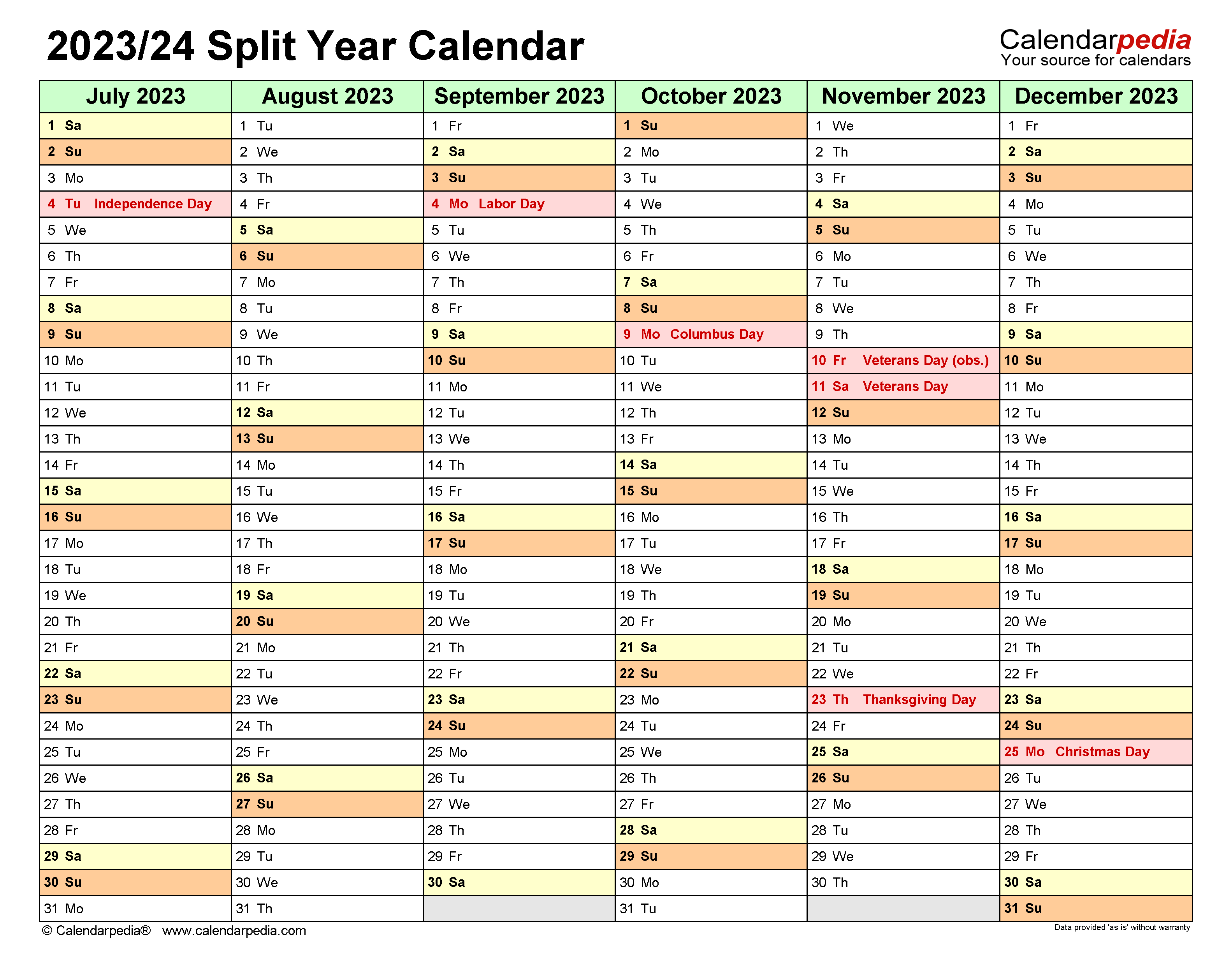 Split Year Calendars 2023/2024 (July To June) - Pdf Templates for August 2023 - June 2024 Calendar