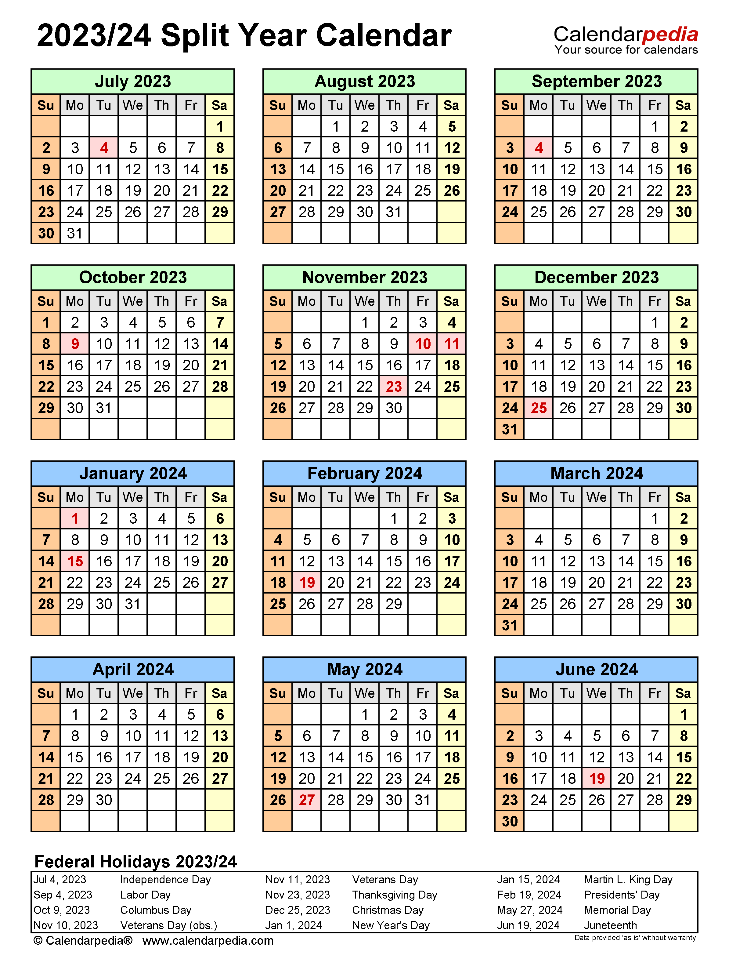 Split Year Calendars 2023/2024 (July To June) - Pdf Templates for July 1 2023 - June 30 2024 Calendar
