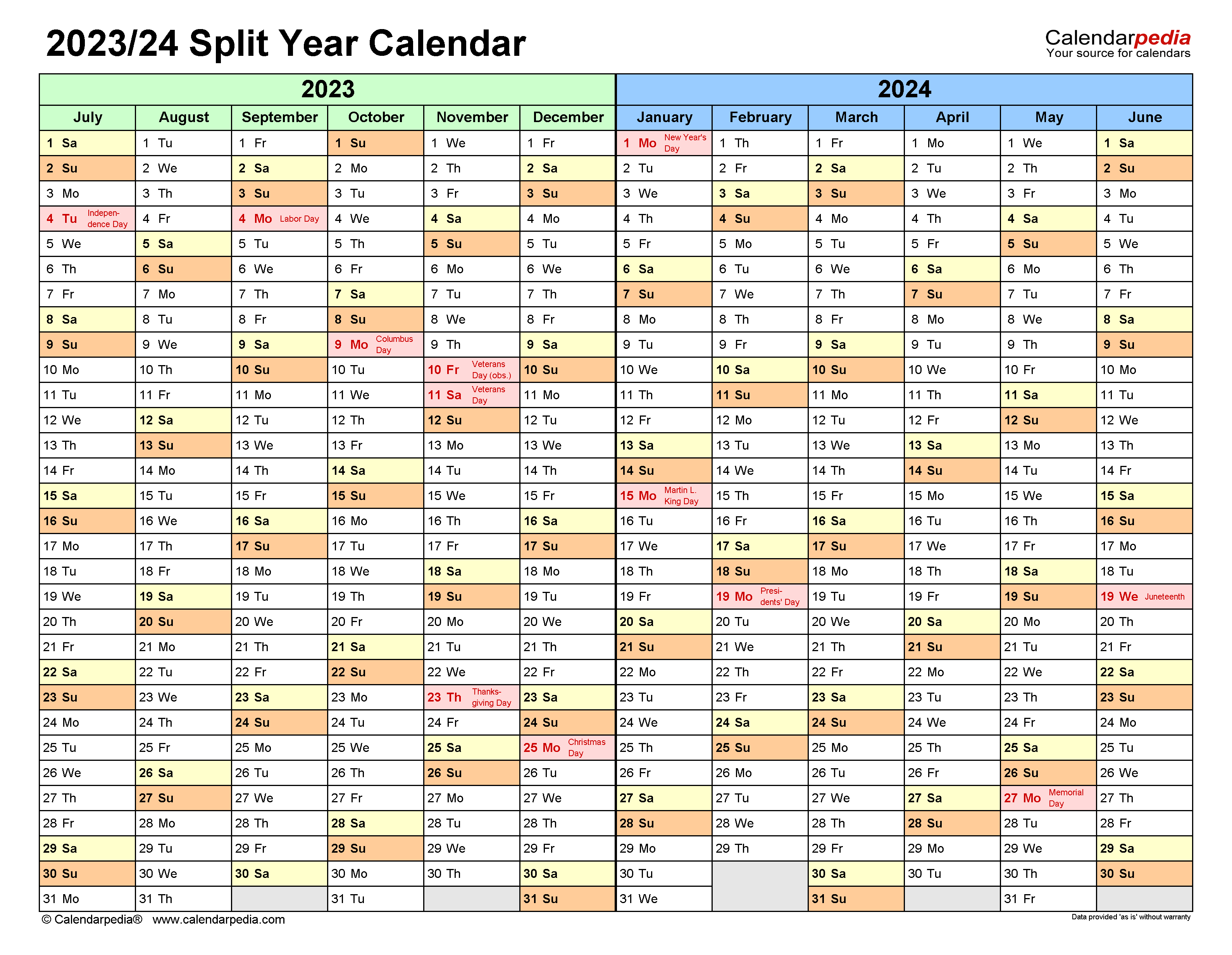 Split Year Calendars 2023/2024 (July To June) - Pdf Templates for June 2023 - June 2024 Calendar