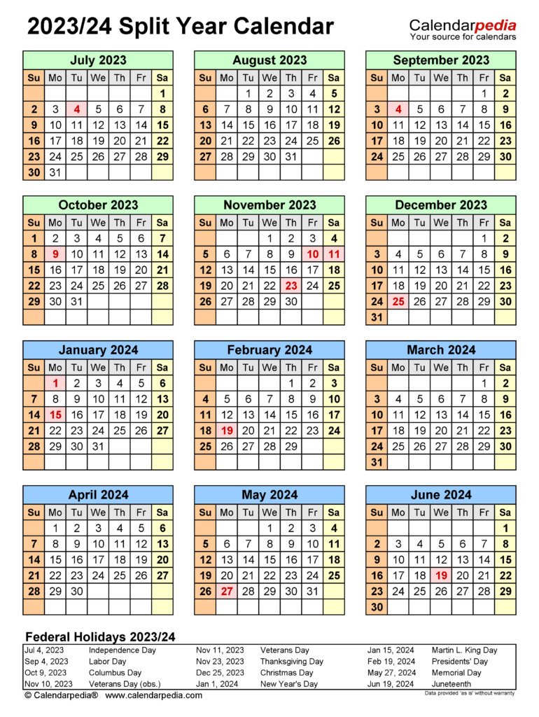 Free Printable Calendar July 2023 June 2024 