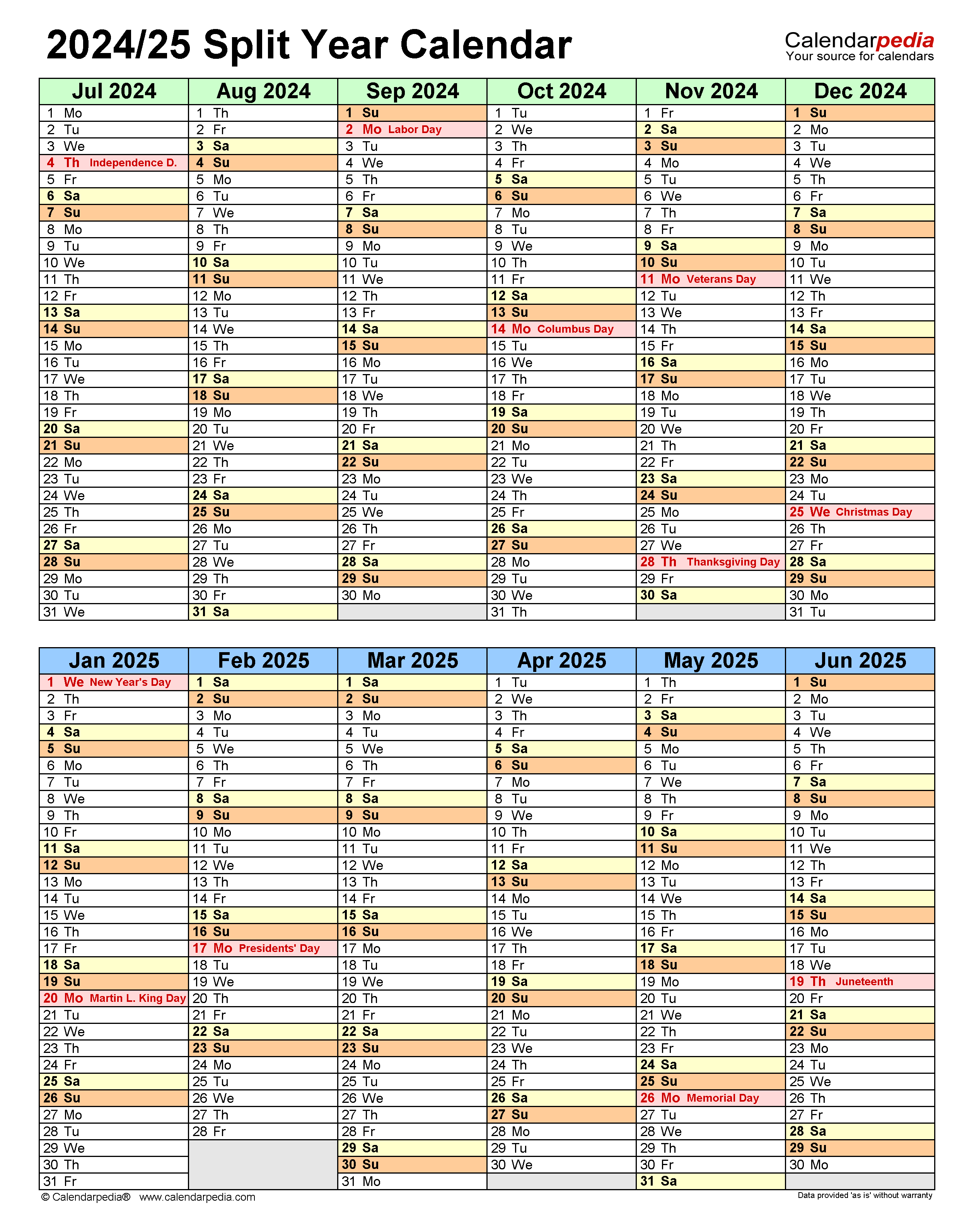 Split Year Calendars 2024/2025 (July To June) - Pdf Templates for August 2024-June 2025 Calendar