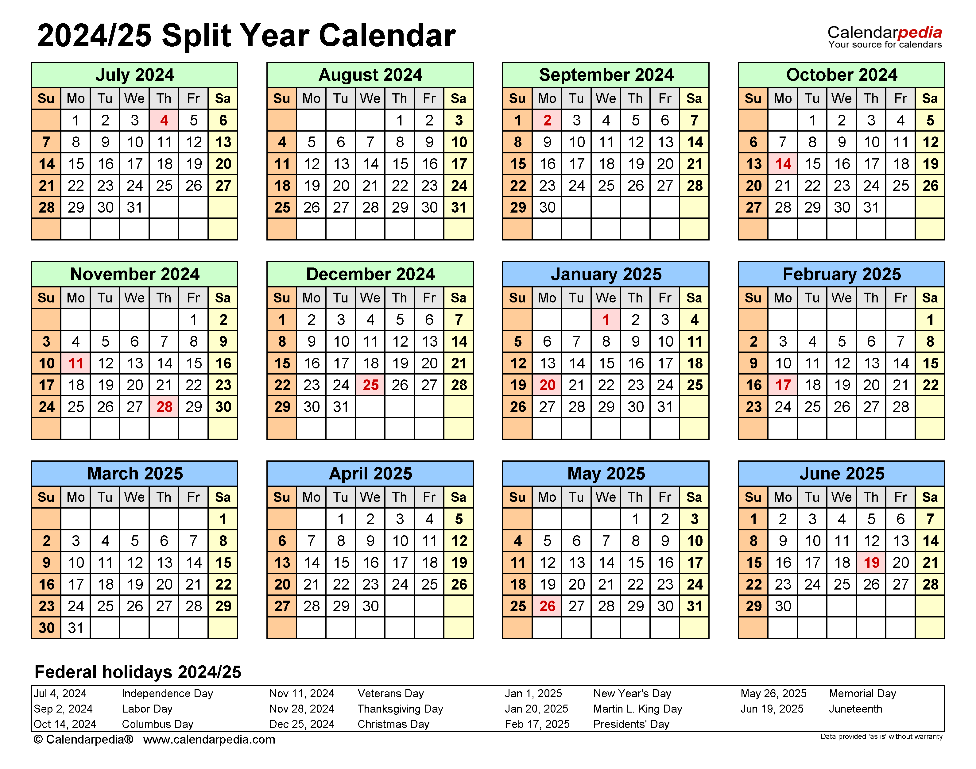 Split Year Calendars 2024/2025 (July To June) - Pdf Templates for July 2024 - June 2025 Calendar
