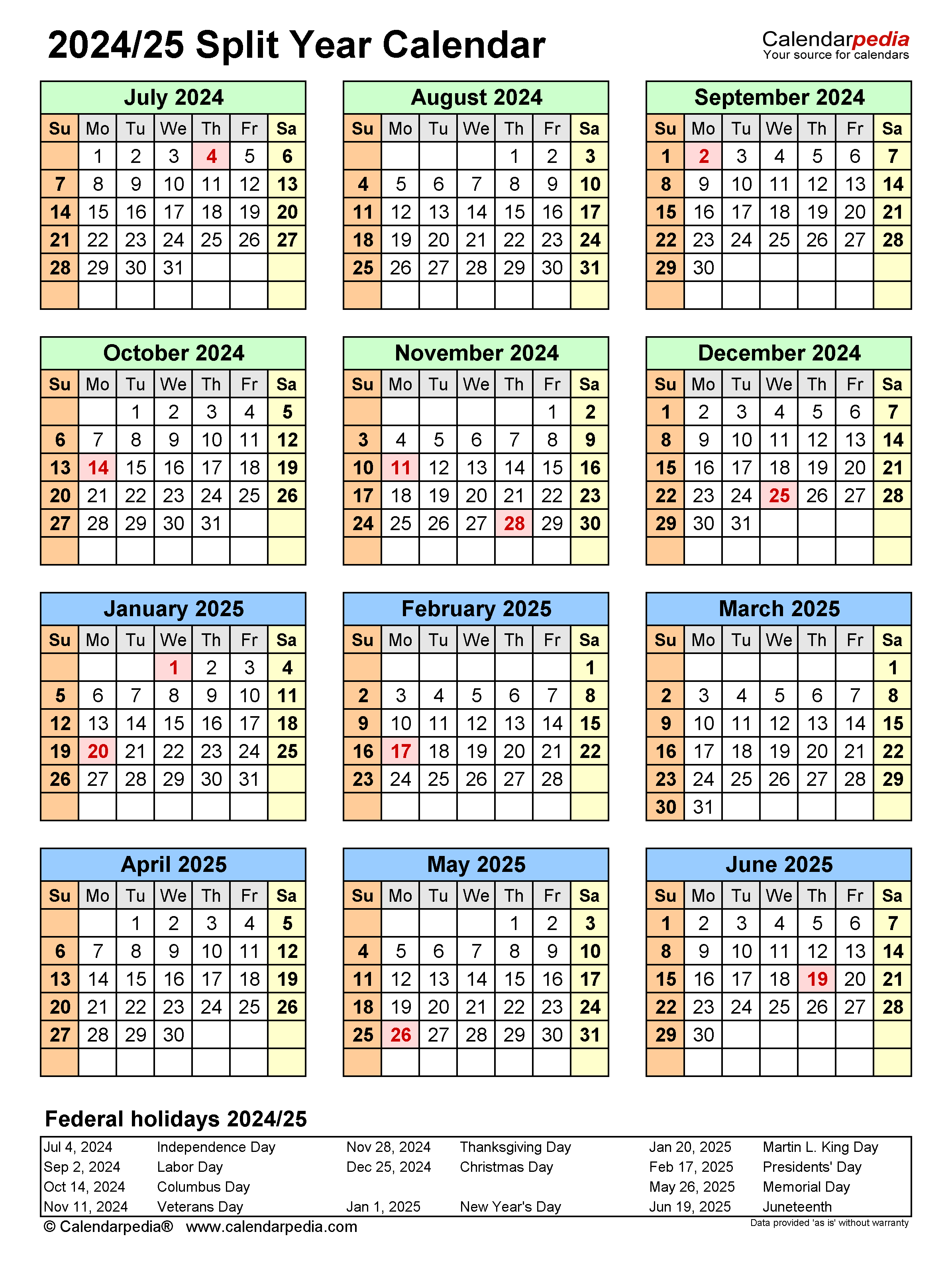 Split Year Calendars 2024/2025 (July To June) - Pdf Templates for July 2024 To December 2025 Calendar
