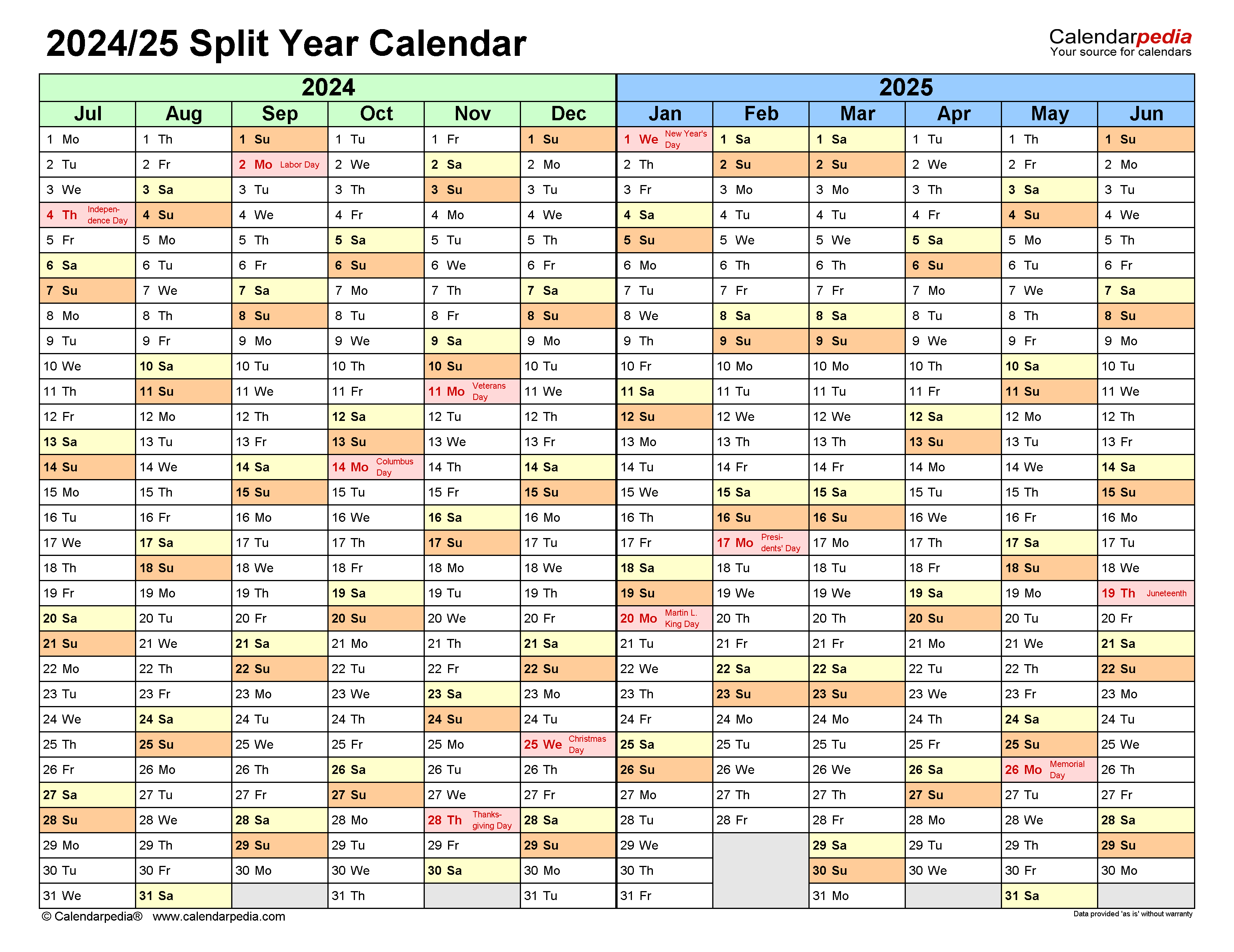 Split Year Calendars 2024/2025 (July To June) - Pdf Templates for Printable Calendar August 2024 - June 2025