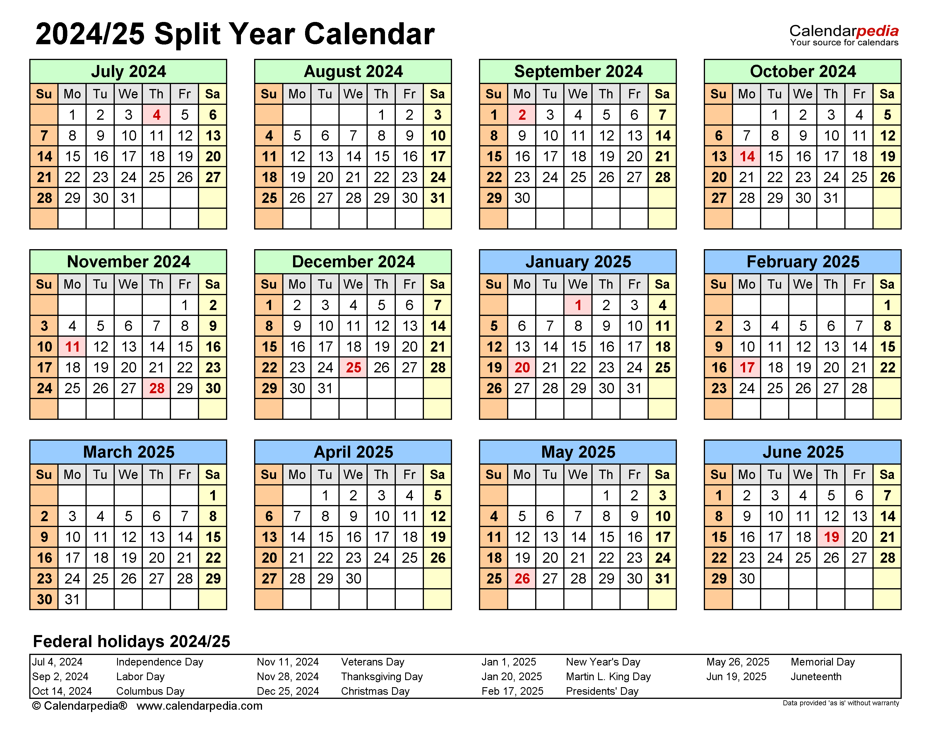 Split Year Calendars 2024/2025 (July To June) - Pdf Templates inside August 2024-June 2025 Calendar