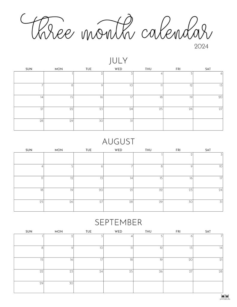 Three Month/Quarterly Calendars - 36 Free Calendars | Printabulls inside June To September 2024 Calendar