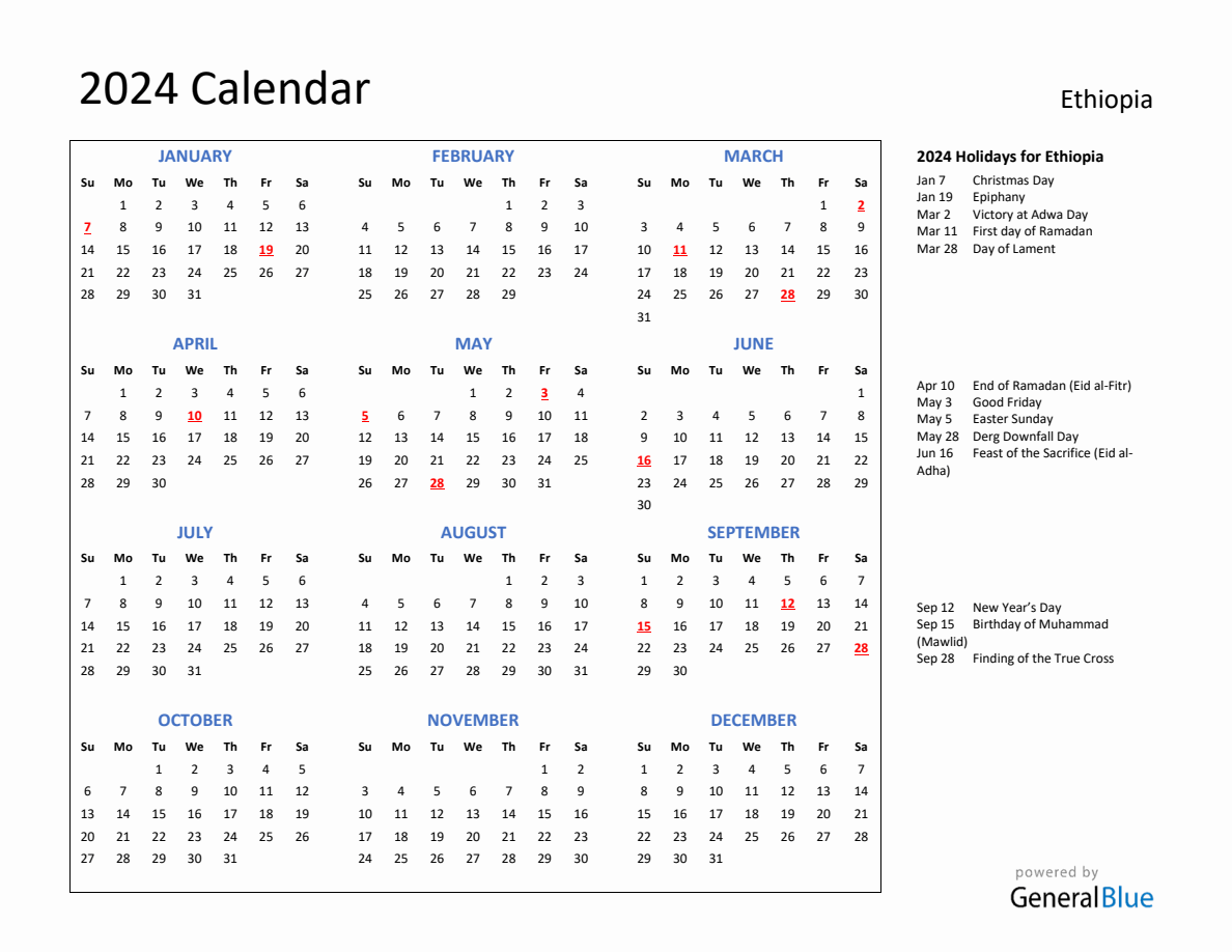 2024 Calendar With Holidays For Ethiopia with July 15 2024 in Ethiopian Calendar