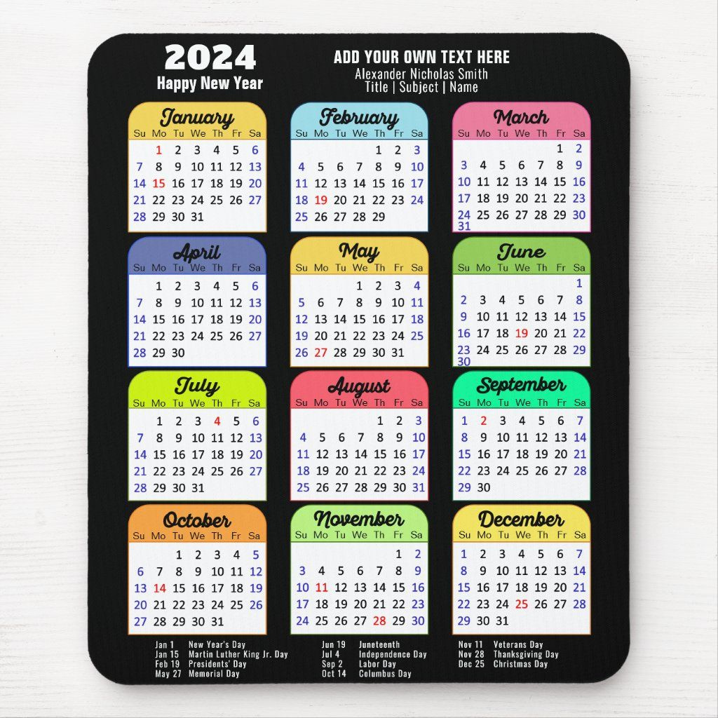 2024 Calendar With Us Public Holidays Modern Black Mouse Pad throughout Calendar Emoji July 25 2024