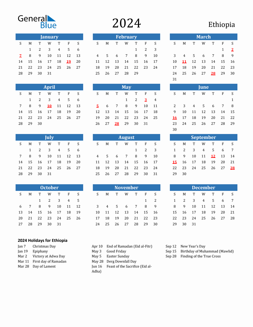 2024 Ethiopia Calendar With Holidays for July 28 2024 In Ethiopian Calendar