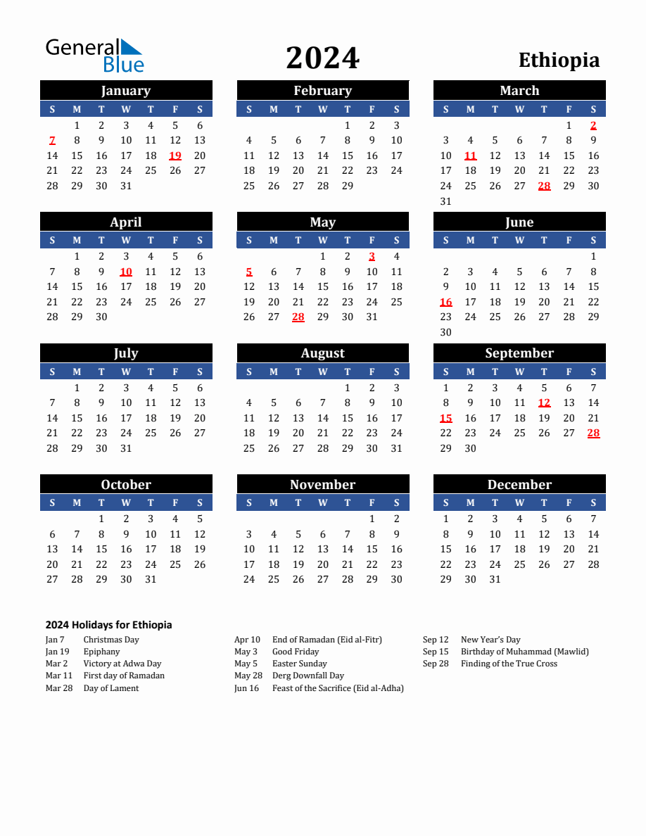 2024 Ethiopia Holiday Calendar inside July 4 2024 in Ethiopian Calendar