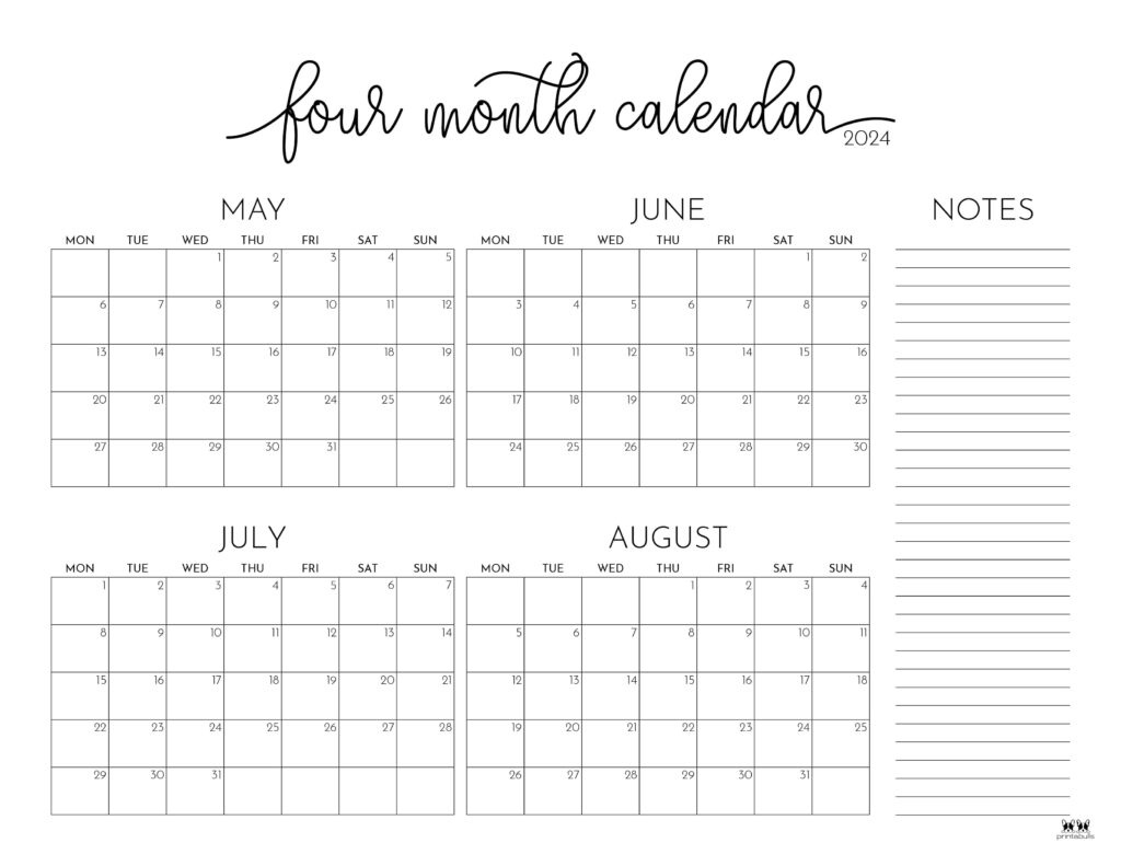 2024 Four Month Calendars - 18 Free Printables | Printabulls pertaining to 4 Month Calendar Starting July 2024