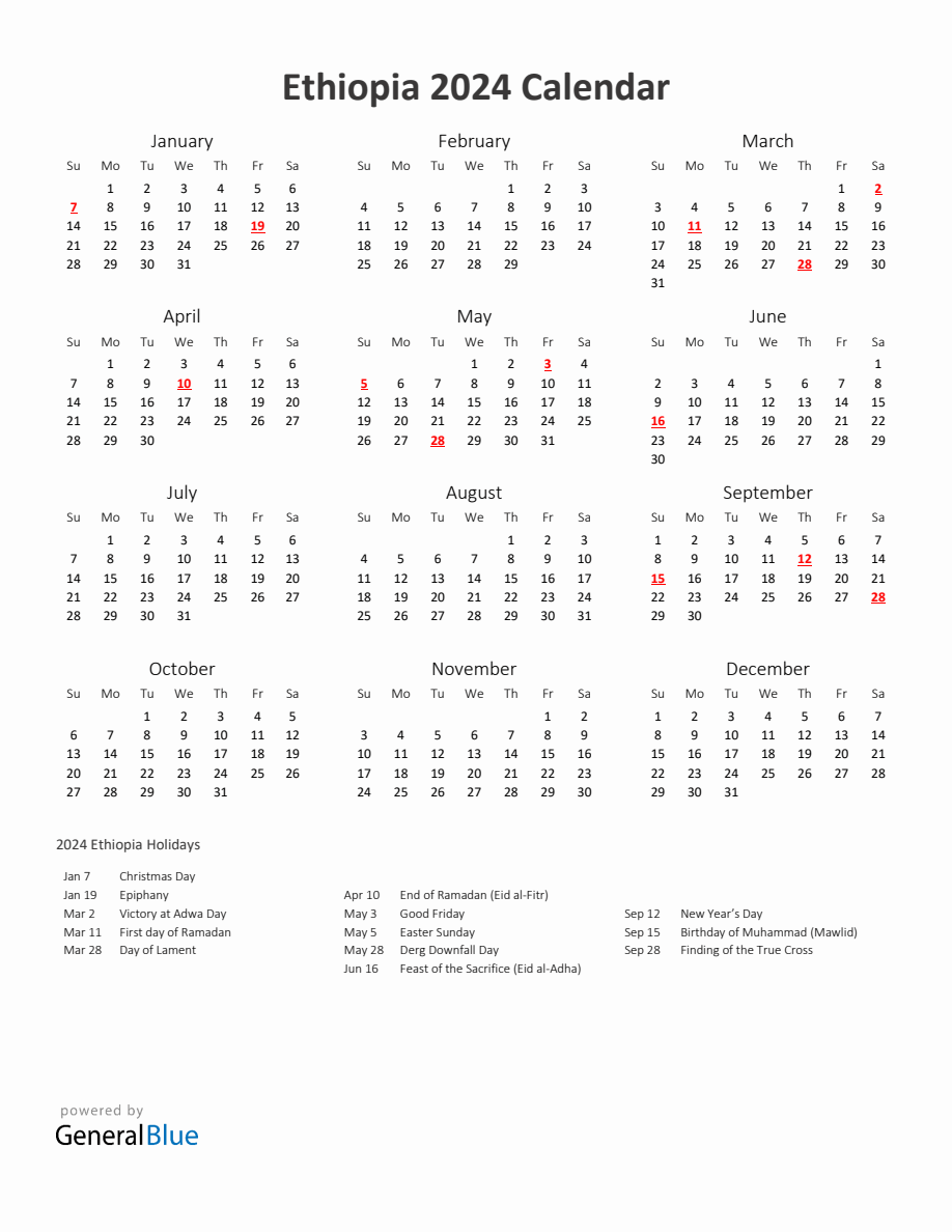 2024 Yearly Calendar Printable With Ethiopia Holidays pertaining to July 12 2024 In Ethiopian Calendar