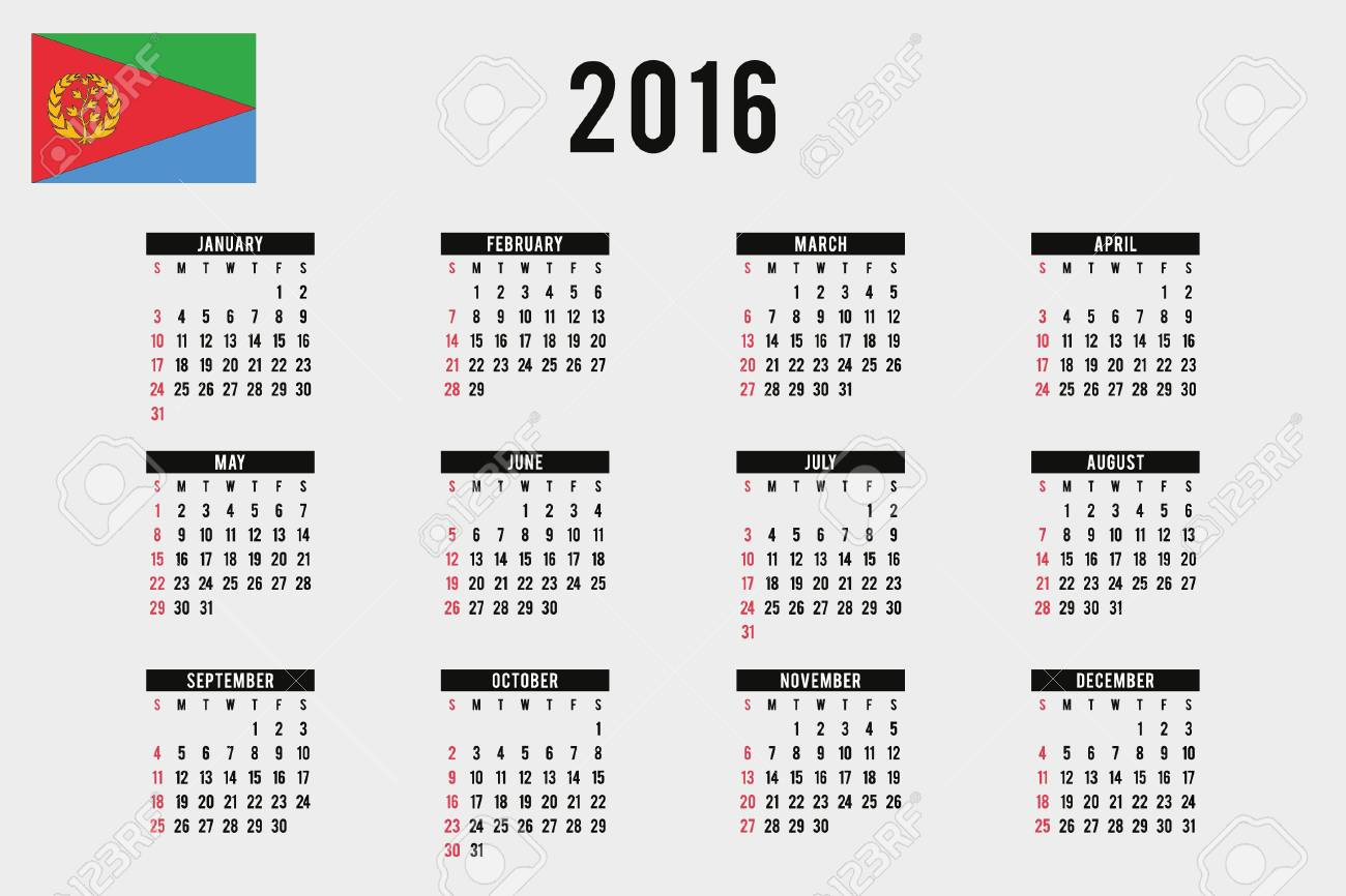 A 2016 Calendar With The Flag Of Eritrea Stock Photo, Picture And in July 27 2024 In Ethiopian Calendar