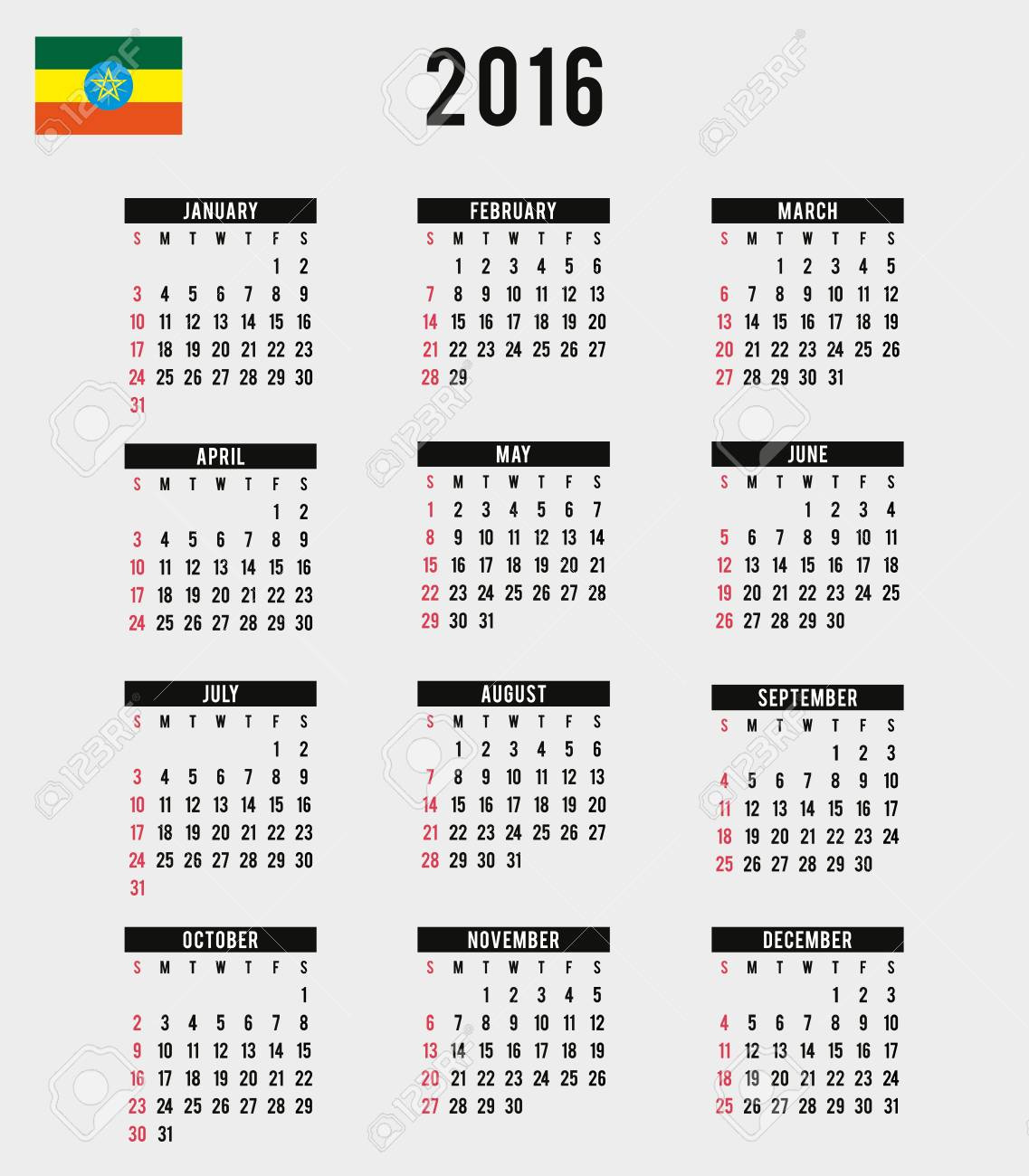 A 2016 Calendar With The Flag Of Ethiopia Stock Photo, Picture And in July 29 2024 in Ethiopian Calendar