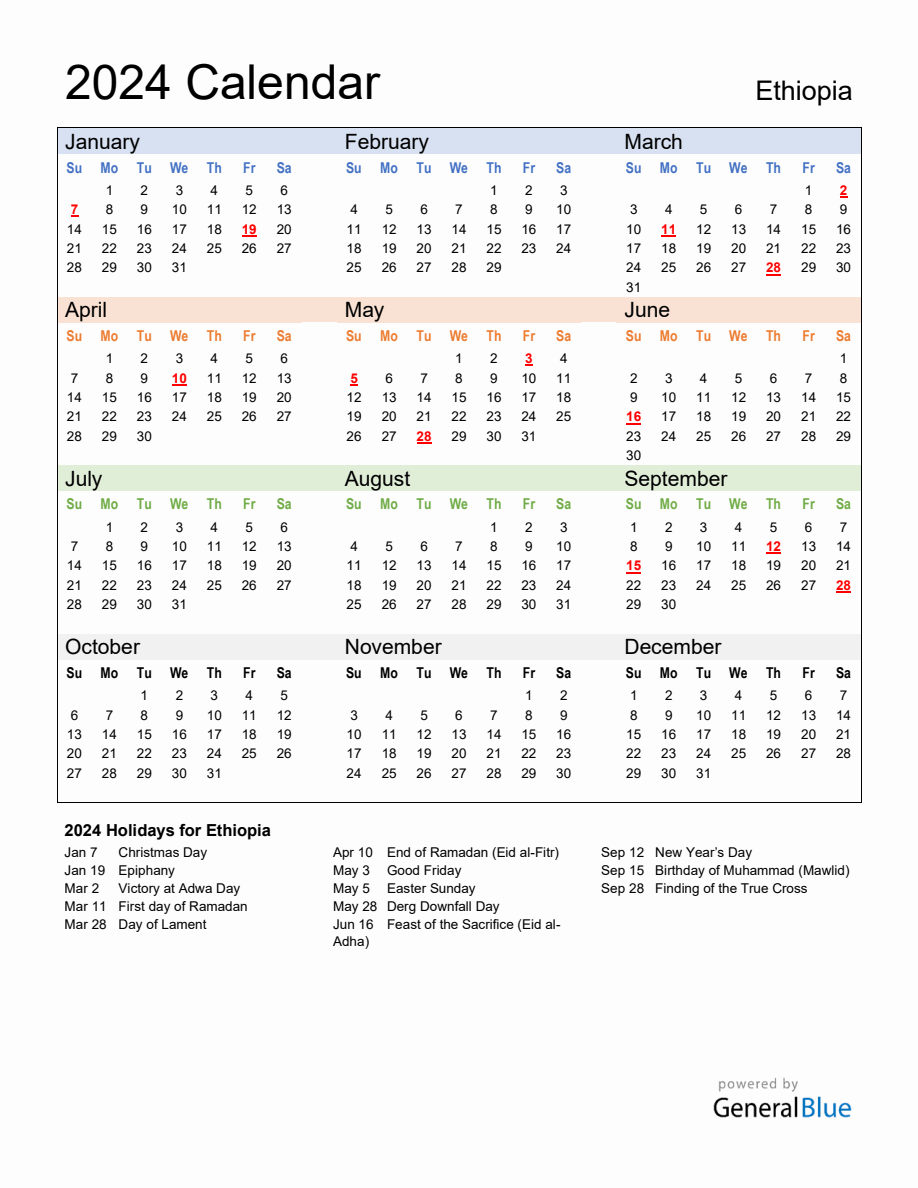 Annual Calendar 2024 With Ethiopia Holidays with July 11 2024 In Ethiopian Calendar