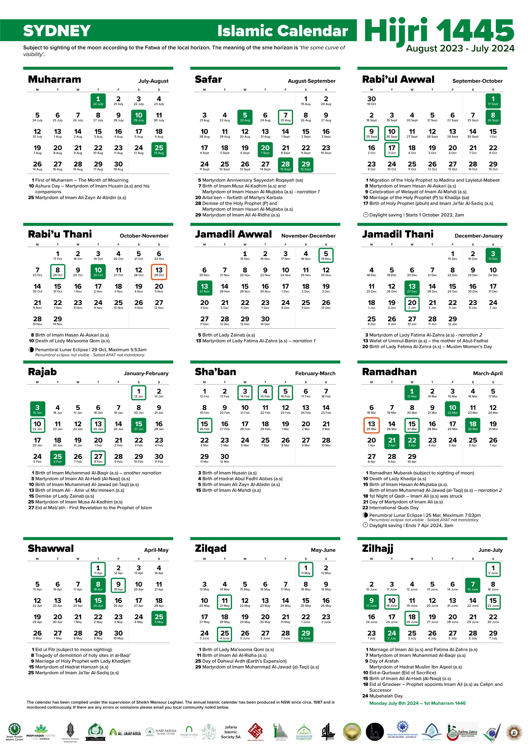 Annual Islamic Calendar 1445 Ah / 2023-2024 Ad – Imam Husain throughout 8 July 2024 in Islamic Calendar