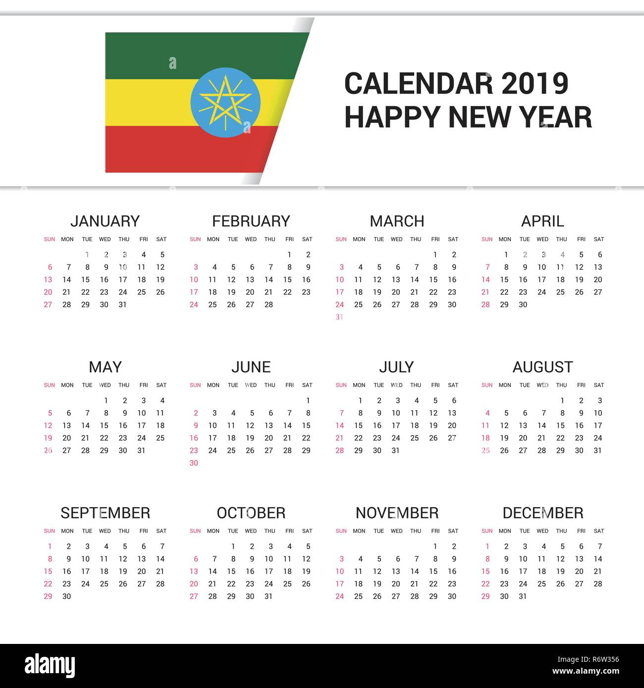 Calendar 2019 Ethiopia Flag Background. English Language Stock intended for July 8 2024 In Ethiopian Calendar