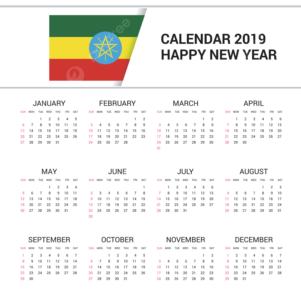 Calendar 2019 Ethiopia Flag Background English Language Template for July 17 2024 in Ethiopian Calendar