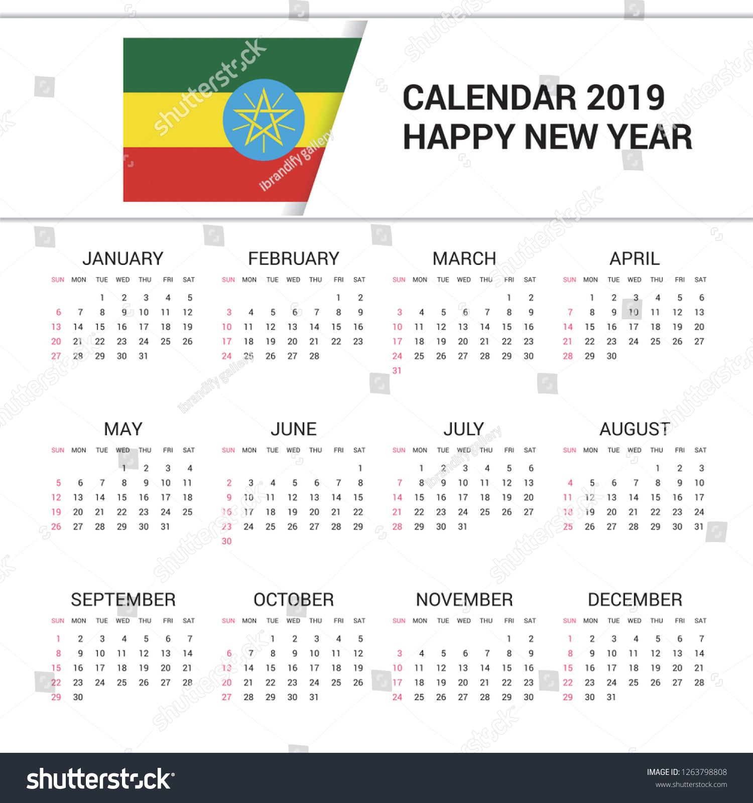 Calendar 2019 Ethiopia Flag Background English Stock Vector intended for July 29 2024 in Ethiopian Calendar