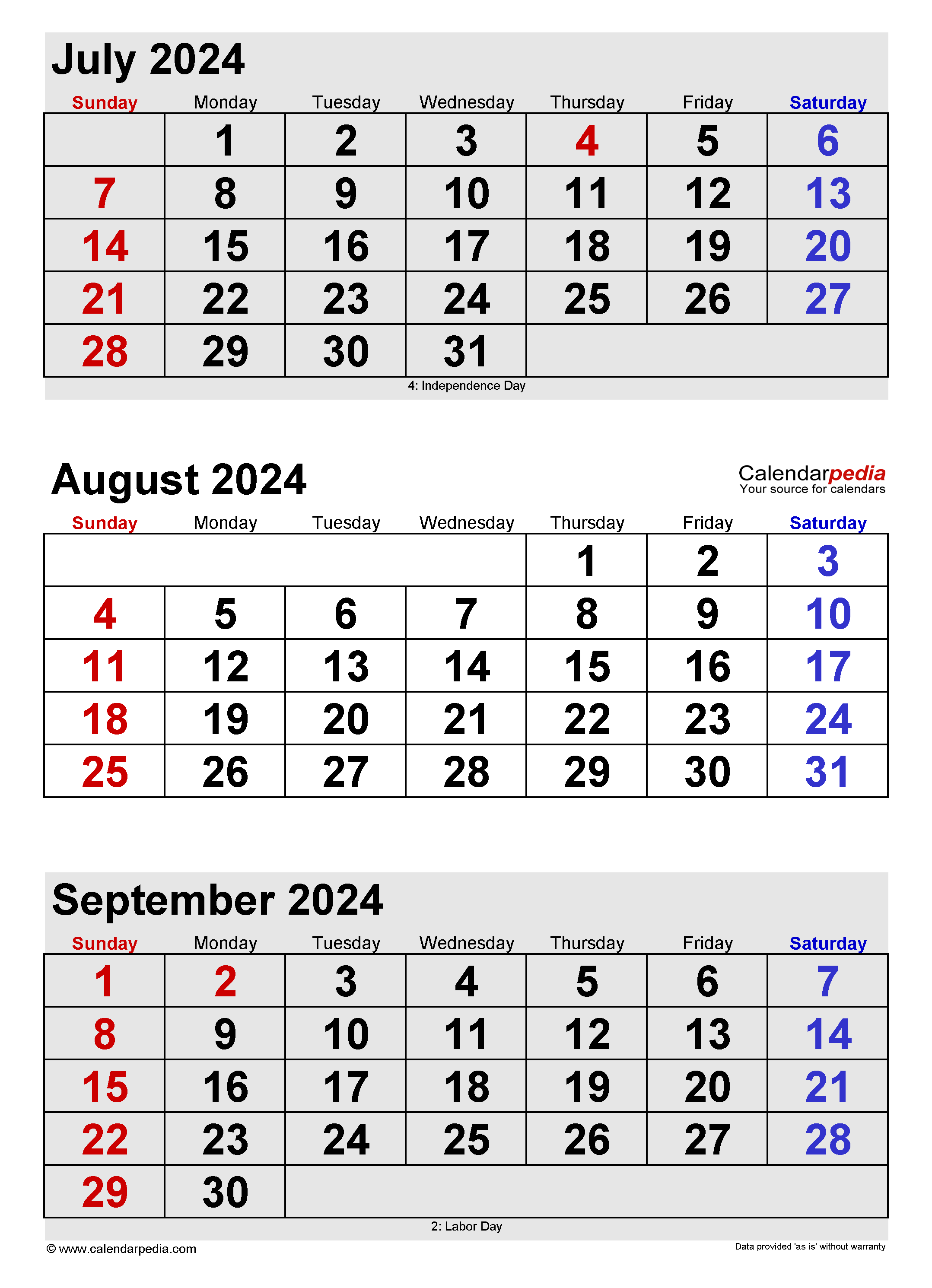 Calendar July August September 2024 for Calendar For July August and September 2024