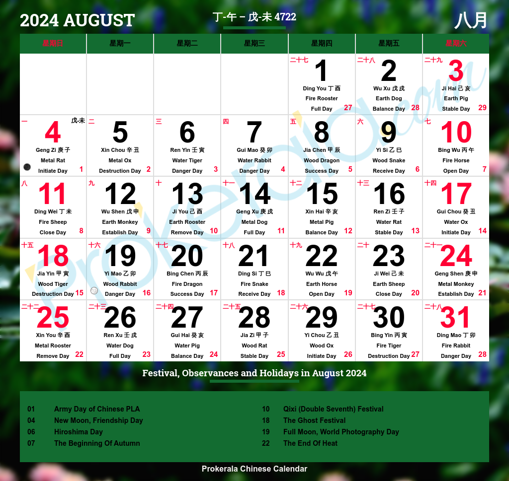 Chinese Calendar 2024 | Festivals | Holidays 2024 in July 24 Chinese Calendar 2024