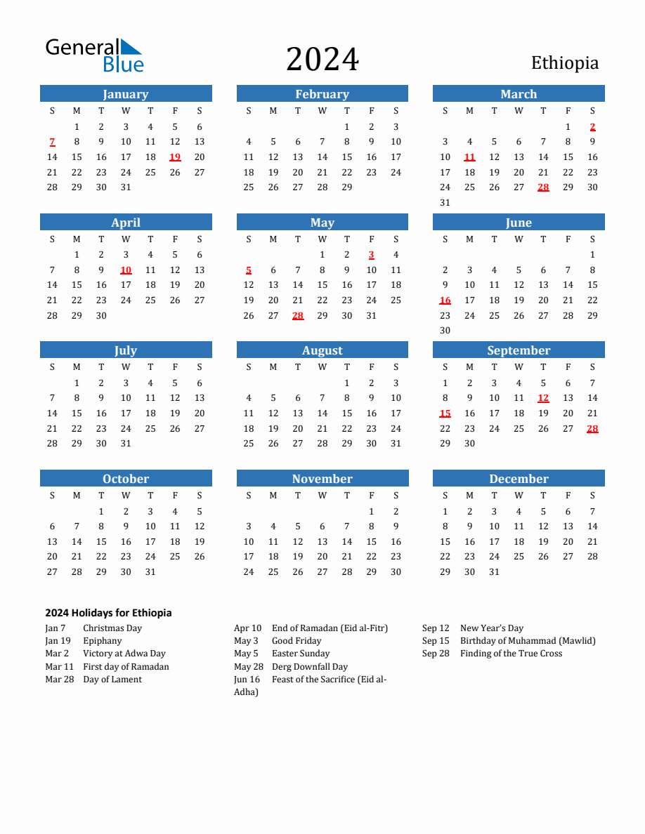 Ethiopia 2024 Calendar With Holidays pertaining to July 10 2024 in Ethiopian Calendar